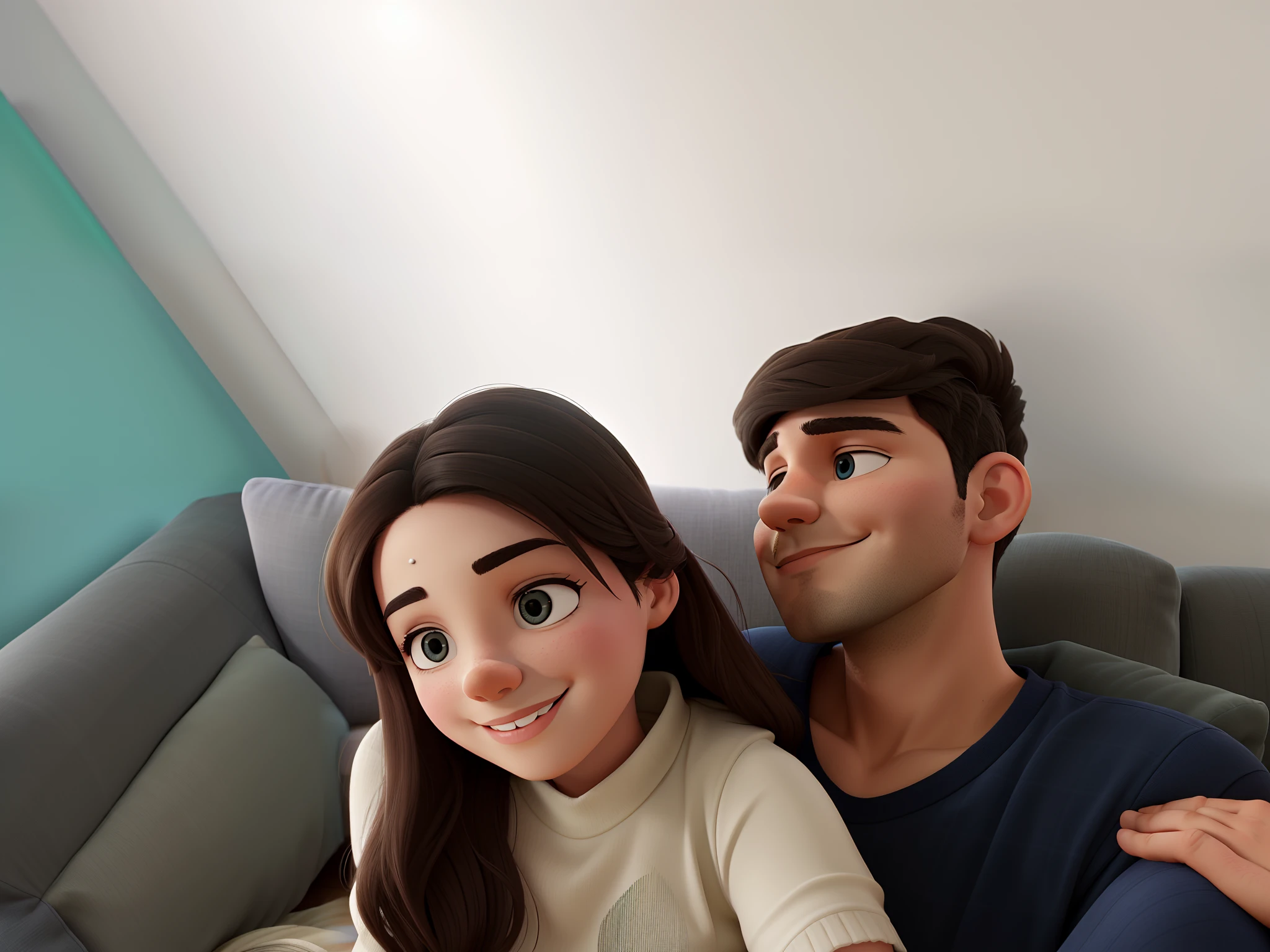 Couple at home together on sofa happy