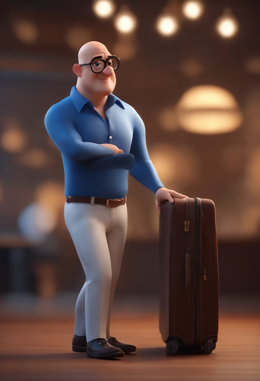 Cartoon character of a bald man without a beard with rectangular black glasses and a blue shirt, animation character, Caractere estilizado, animation style rendering, 3D estilizado, Arnold Maya render, 3 d render stylized, toon render keyshot, Personagem 3D, Personagem 3D, 3d rendering stylized, 3 d character render, personagem de desenho animado, Personagem de close up, Pose de personagem, (Estilo Pixar) (master part:1.2) (Bokeh) (best quality) (pele detalhada) (textura detalhada) (8k) (argila) (Cinematic lighting) (foco nítido