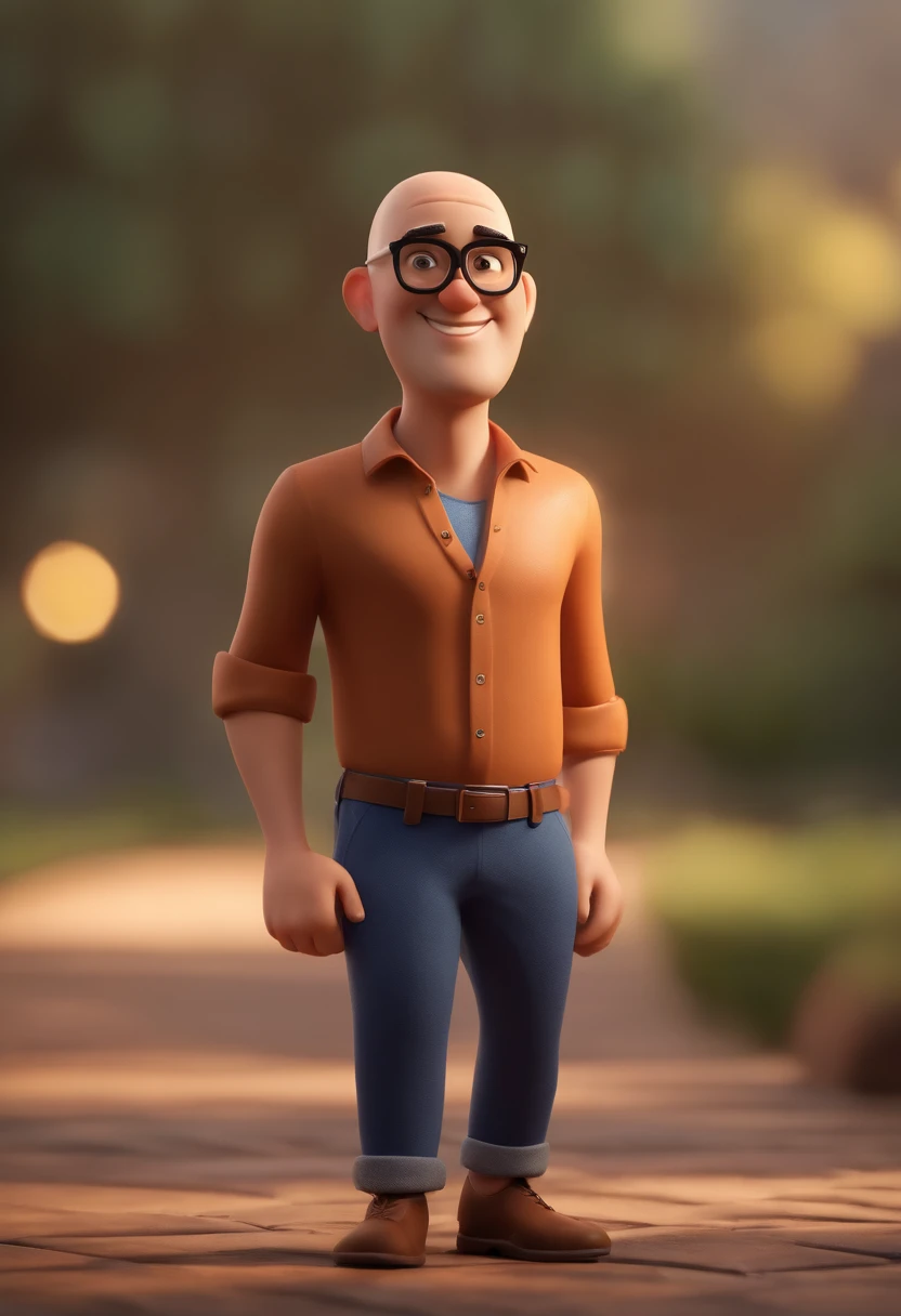 Cartoon character of a bald man without a beard with rectangular black glasses and a blue shirt, animation character, Caractere estilizado, animation style rendering, 3D estilizado, Arnold Maya render, 3 d render stylized, toon render keyshot, Personagem 3D, Personagem 3D, 3d rendering stylized, 3 d character render, personagem de desenho animado, Personagem de close up, Pose de personagem, (Estilo Pixar) (master part:1.2) (Bokeh) (best quality) (pele detalhada) (textura detalhada) (8k) (argila) (Cinematic lighting) (foco nítido