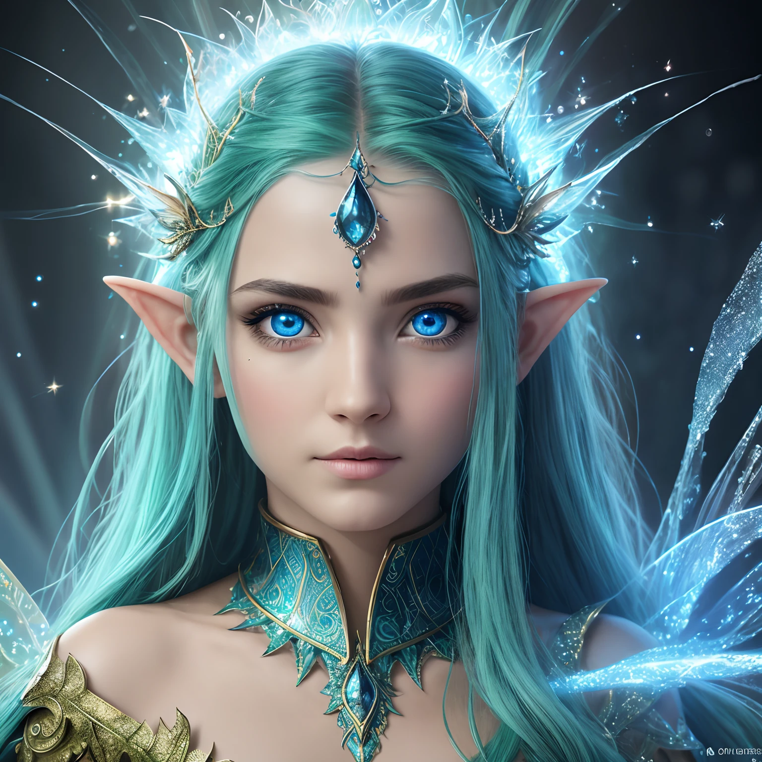 The Wizard of Water, Huge expressive eyes, surrealism,consists of fractals, Fairy Elf, firey,Blue & Green, Burning eyes, Lineament, hyper-detailing , Mysticism,Fantasy, mythology,sparkles, glistering,Professional photo, is beautiful, symmetry, 5d, Realistic,1024 K., hight resolution, Focus on the face, Full-height detail,.CGI, hyper realisitc, f/16, 1/100s, 4k, Aesthetically pleasing, f/2.8, 1/The 250s, 30mm lens, ISO 100...