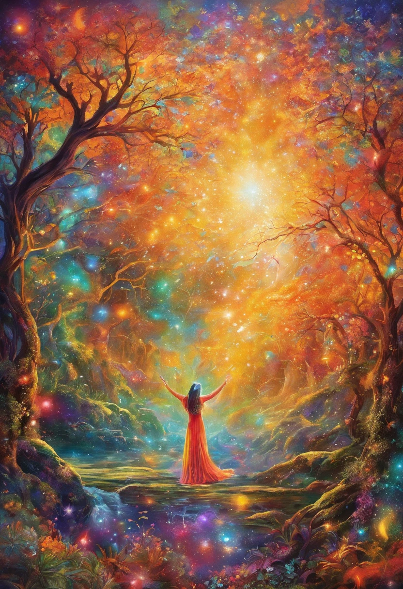 Girl casting a mysterious glowing spell, Fantasy Rainbow Forest, cores vibrantes, etherial lighting, folhas detalhadas, magical ambiance, Mesmerizing visions, Ambiente de sonho, brilho cintilante, flowing robe, A little piece of magic, Ethereal creatures, Enchanted Tree, riachos cintilantes, Energia Radiante, Mystical symbols, Beleza surreal, Supernatural scenery, Turbulent mist, Encantamento no ar, Momento cativante, seductive sight, ethereal essence, Magias, Mystical aura, encantamento, Encantadores espectadores, Transcendental experience, magic vortex, segredos escondidos, Criaturas caprichosas, Encantamento Vibrante, Atmosfera encantadora, Ethereal melodies, raios de luz radiante, cores de outro mundo, Movimento cativante, Joyful celebration in nature, Ninfa encantadora, poderes sobrenaturais, energia pulsante, Enchanting Spells, Fantastic kingdom, Transcendental experience,pintura ocidental,imagem antiga,