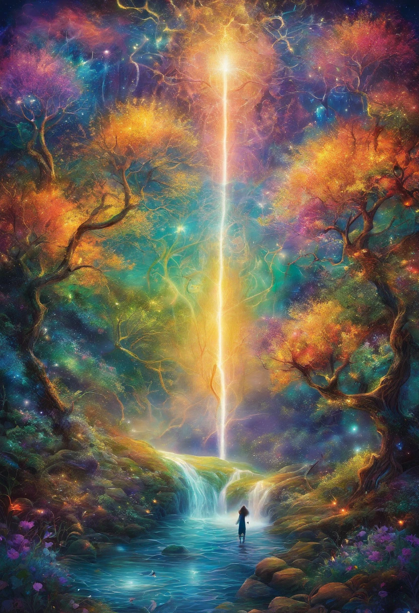 Girl casting a mysterious glowing spell, Fantasy Rainbow Forest, cores vibrantes, etherial lighting, folhas detalhadas, magical ambiance, Mesmerizing visions, Ambiente de sonho, brilho cintilante, flowing robe, A little piece of magic, Ethereal creatures, Enchanted Tree, riachos cintilantes, Energia Radiante, Mystical symbols, Beleza surreal, Supernatural scenery, Turbulent mist, Encantamento no ar, Momento cativante, seductive sight, ethereal essence, Magias, Mystical aura, encantamento, Encantadores espectadores, Transcendental experience, magic vortex, segredos escondidos, Criaturas caprichosas, Encantamento Vibrante, Atmosfera encantadora, Ethereal melodies, raios de luz radiante, cores de outro mundo, Movimento cativante, Joyful celebration in nature, Ninfa encantadora, poderes sobrenaturais, energia pulsante, Enchanting Spells, Fantastic kingdom, Transcendental experience,pintura ocidental,imagem antiga,