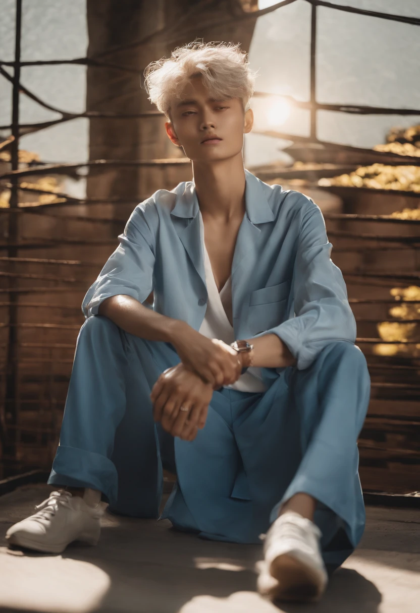 emaciated,Tao,Social terror,rays of sunshine,introverted,the setting sun,whaite hair,Blue shirt