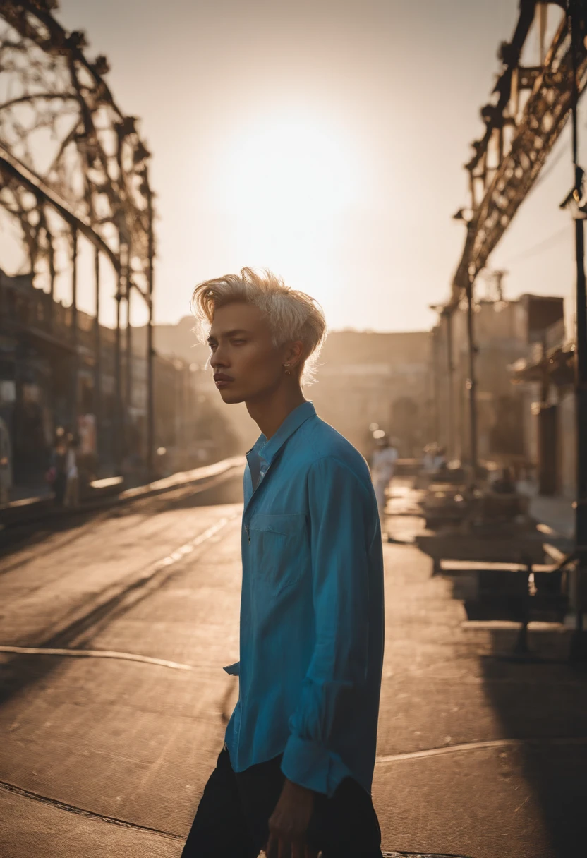 emaciated,Tao,Social terror,rays of sunshine,introverted,the setting sun,whaite hair,Blue shirt