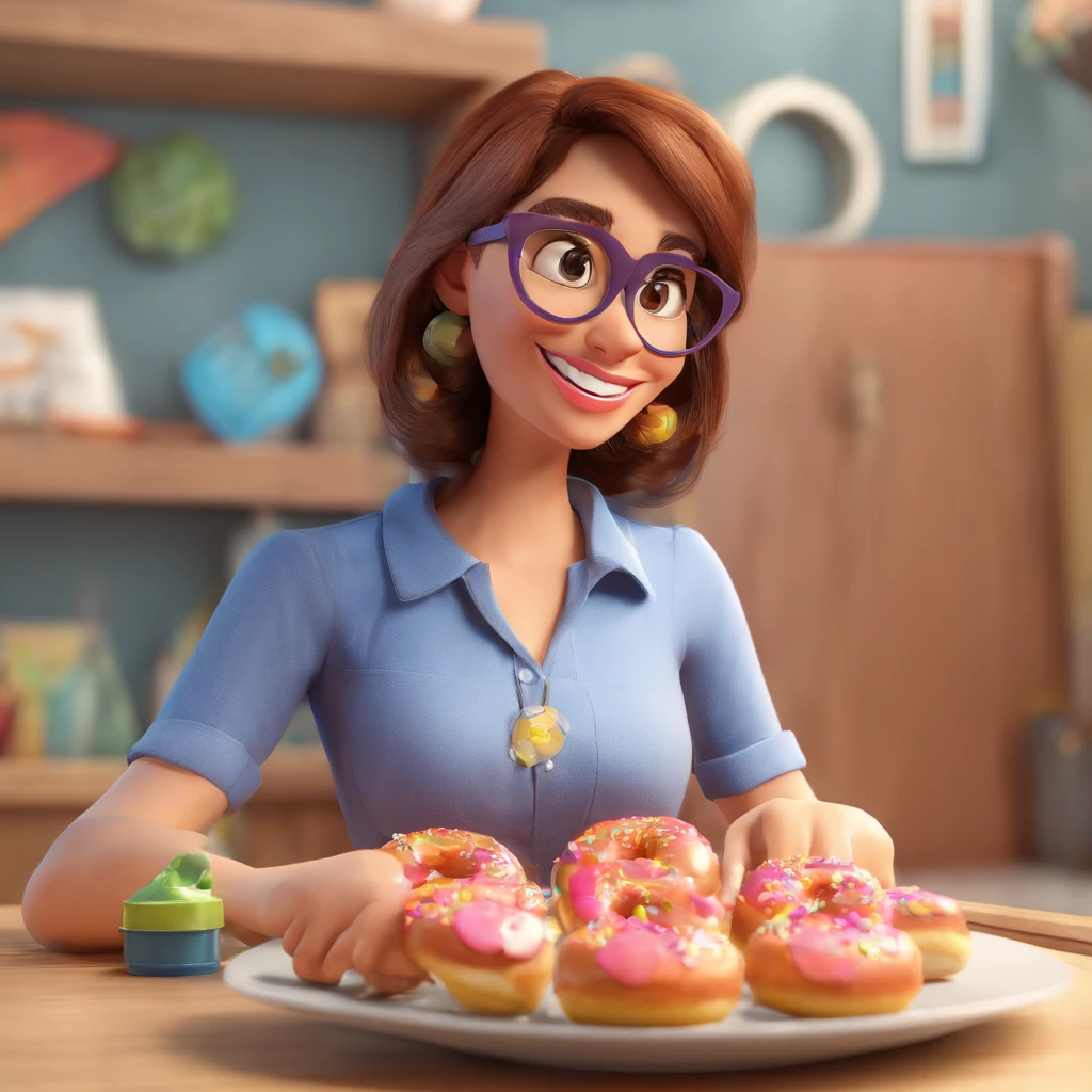 Crie uma cena de desenho animado  estilo 3d -Pixar, Smiling woman with glasses and a blue shirt holding a donut, imagem de perfil, 3 5 year brazilian mother, Directed by: Nandor Soldier, inspirado em Maria Helena Vieira da Silva, happily smiling at the camera, Alanis Guillen, 4 5 I, Mulheres de 40 anos, 38 anos, (38 anos)