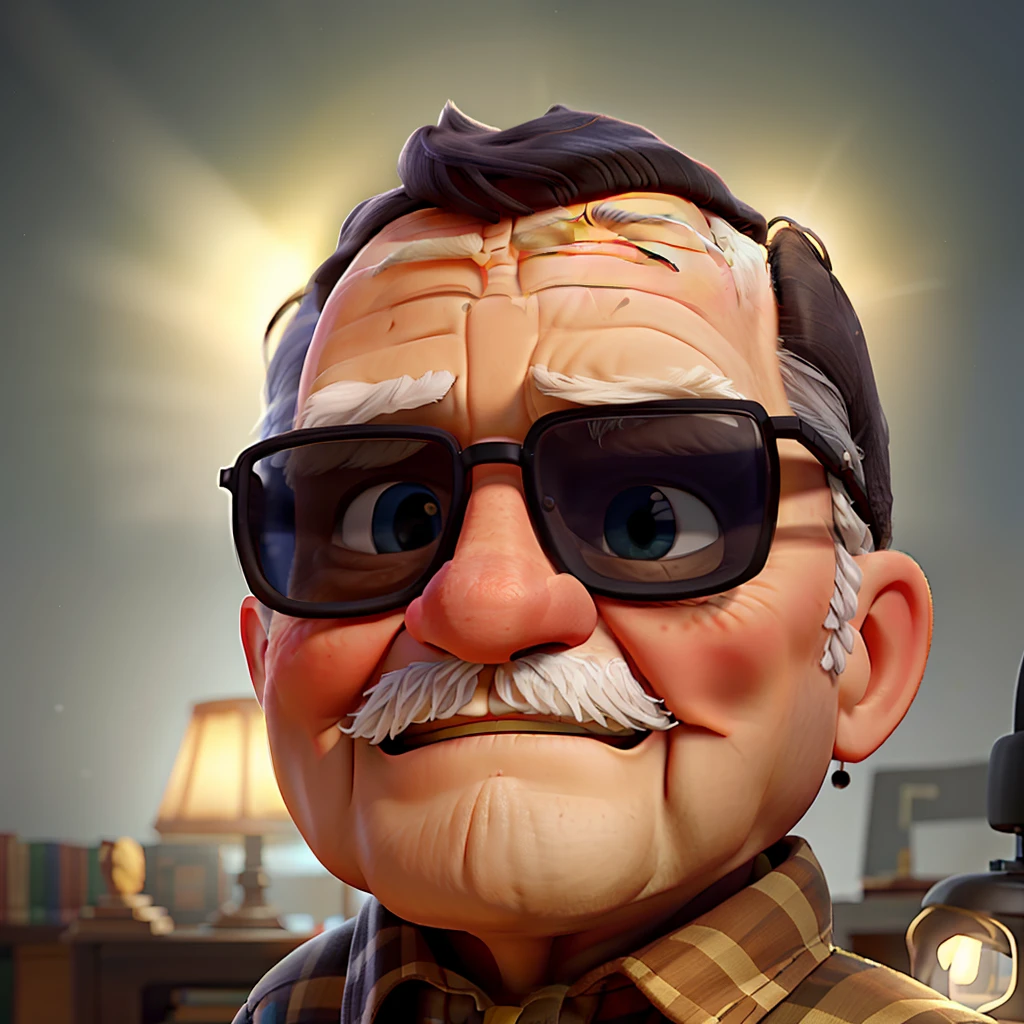 A wise old man standing in front, illuminated by the light of a lamp, against the backdrop of a library