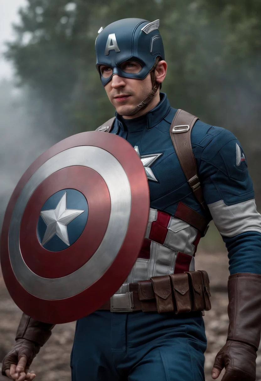 master part), complete body view , distant photo of Captain America with his shield, atitude legal, Badass Hero,, maravilha,, Realistic, circunstanciado, , epics, cinemactic, 4k, , (fotorrealista:1.3), ultra-detalhado, rosto perfeito,, a postura do homem ,, Bright and colorful artistic background, foco no homem, sombreamento, , clear lighting, Funny, XB