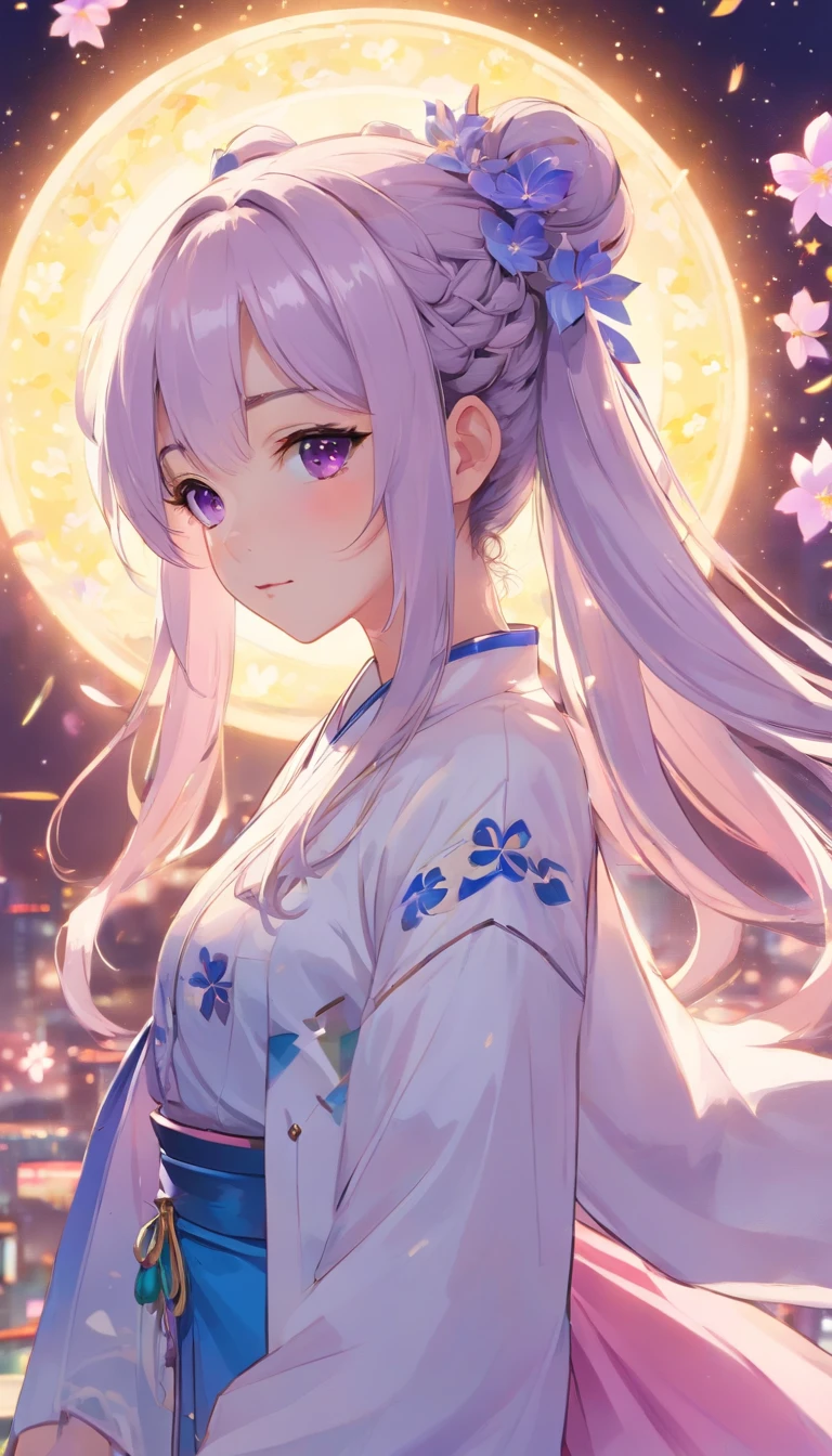 Q version,bit girl,Elaborate Eyes,largeeyes。Dynamic Angle, ((Pose all over the body:1.5), (Colorful:1.2), (Extremely detailed CG Unity 16k wallpaper:1.1), (Noise Removal Strength: 1.45), (tmasterpiece:1.37), ((offcial art)), (Colorful:1.2), (Bare shoulders:0.85), ((terrazzo, Starry sky, (( 8K wallpaper)), Starry background, Ultra detailed, Beautiful and aesthetic, Beautiful, ultraclear, Best quality)), 1girll, (in clouds of smoke:1.1), (Dynamic smoke is everywhere:1.4), (1 Chinese pattern in the middle of the girl's forehead),white colors,double-ponytail,Round Baotou on both sides,Double ponytails come out of the round bun,The bangs on the right have braids,There are braids on the right,There is a pinch of long hair left on the right side of the long hair with an X-clip,Next to the neck,A girl with a weak temperament, (epic cinematic), Soft natural light, rim-light, Absurd, Amazing, Funny, 复杂, ultra - detailed, Pink flowers, White, Pink flowers, Full-body image, Shen Lixin, ((Lace-up thigh boots)), full bodyesbian, Blunt bangs, a white long skirt,Printed with purple flowers and a blue veil adorned coat, (( brownfootwear)), White long sleeves, cross-laced footwear, side locks, Pale yellow hat, Red print white pantyhose, Yellow and blue flowers, Ayaka Kamisato, (Besis heroin), Slim, Ul, pastelcolor, god light, Sparkle, Glowing light, ((Masterpiece)), ((Best quality)), Masterpiece, Best quality, hyper HD, Award-Awarded,Long white hair