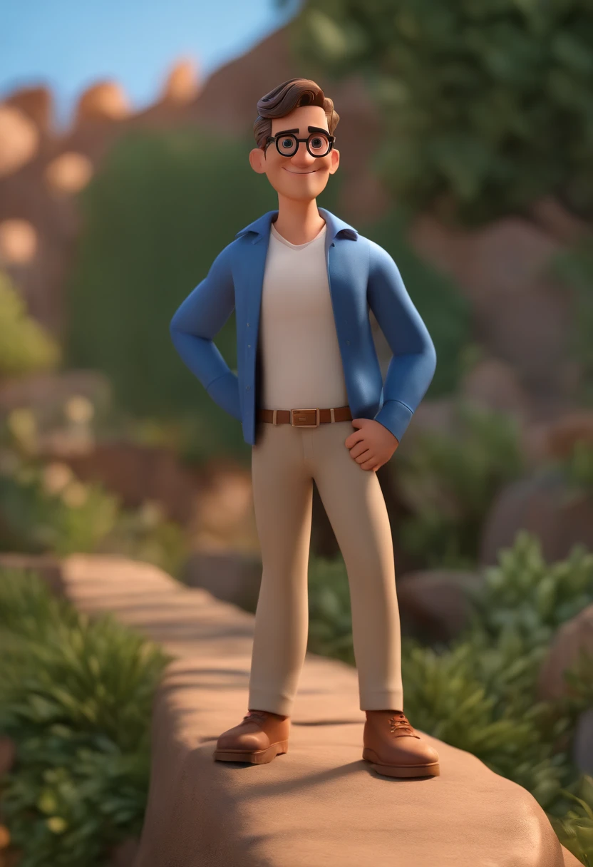 Cartoon character of a man wearing black glasses and a blue shirt, um personagem animado, Caractere estilizado, animation style rendering, 3D estilizado, Arnold Maya render, 3 d render stylized, toon render keyshot, Personagem 3D, Personagem 3D, 3d rendering stylized, 3 d character render, personagem de desenho animado, Personagem de close up, Pose de personagem, (Estilo Pixar) (master part:1.2) (Bokeh) (best quality) (pele detalhada) (textura detalhada) (8k) (argila) (Cinematic lighting) (foco nítido，Senta e vaza a parte superior do corpo