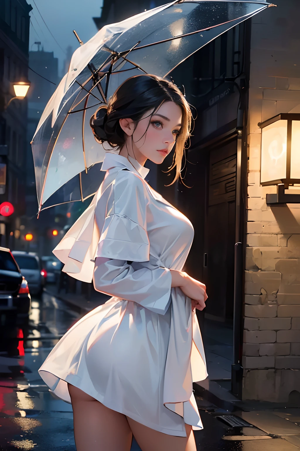 (Masterpiece, top-quality, 8K), (1girl in, perfectly proportions, Beautiful face, Big ass, (stares at the camera):1.3), Sexy woman appears in the city on a rainy night, Wet black hair, Wet body, rain is falling,