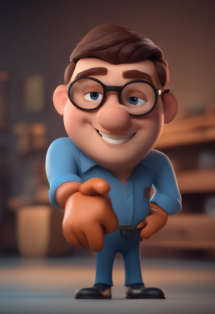 Cartoon character of a man with black glasses and a blue shirt, animation character, Caractere estilizado, animation style rendering, 3D estilizado, Arnold Maya render, 3 d render stylized, toon render keyshot, Personagem 3D, Personagem 3D, 3d rendering stylized, 3 d character render, personagem de desenho animado, Personagem de close up, Pose de personagem,  (Estilo Pixar) (master part:1.2) (Bokeh) (best quality) (pele detalhada) (textura detalhada) (8k) (argila) (Cinematic lighting) (foco nítido