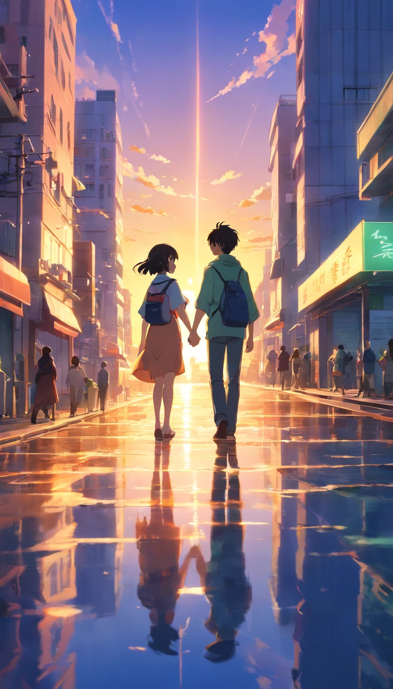 Sunset in the city, vivid colors, ultra-detalhado, best quality, HDR, Altas, retrato, paisagem urbana, tons quentes, vibrant sky, Cinematic lighting, ruas movimentadas, tall buildings, janelas brilhantes, Silhouette of a couple holding hands, Reflecting light on water, Shadows Dramatic, Skyline da cidade, Busy traffic, Hora de Ouro, Soft lighting and Warm, Candeeiros de rua, montanhas distantes, peaceful atmosphere, beleza urbana