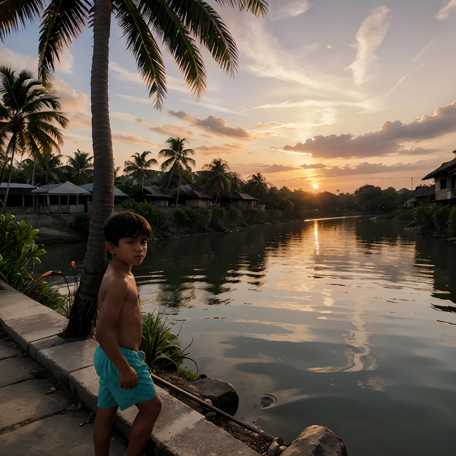The boy is side at river close coconut tree and sunset