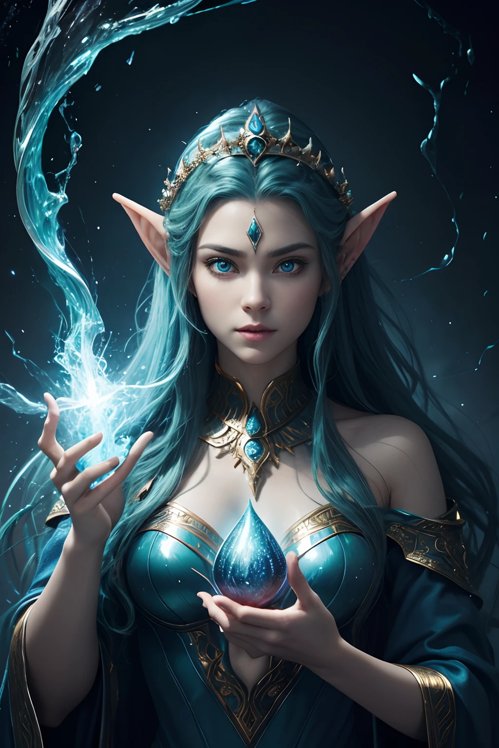 The Wizard of Water, Huge expressive eyes, surrealism,consists of fractals, Magic Elf, firey,Blue & Green, Burning eyes, Lineament, hyper-detailing , Mysticism,Fantasy, mythology,sparkles, glistering,Professional photo, is beautiful, symmetry, 5d, Realistic,1024 K., hight resolution, Focus on the face, Full-height detail,..CGI, hyper realisitc, f/16, 1/100s, 4k, Aesthetically pleasing, f/2.8, 1/The 250s, 30mm lens, ISO 100...