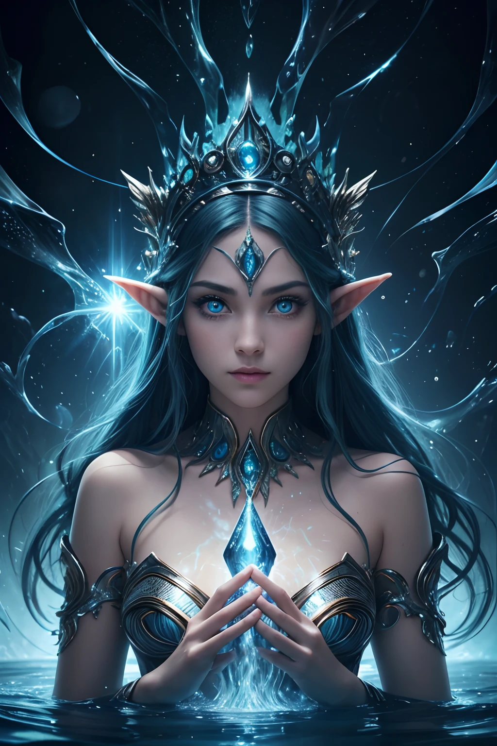 The Wizard of Water, Huge expressive eyes, surrealism,consists of fractals, Magic Elf, firey,Blue & Green, Burning eyes, Lineament, hyper-detailing , Mysticism,Fantasy, mythology,sparkles, glistering,Professional photo, is beautiful, symmetry, 5d, Realistic,1024 K., hight resolution, Focus on the face, Full-height detail,..CGI, hyper realisitc, f/16, 1/100s, 4k, Aesthetically pleasing, f/2.8, 1/The 250s, 30mm lens, ISO 100...
