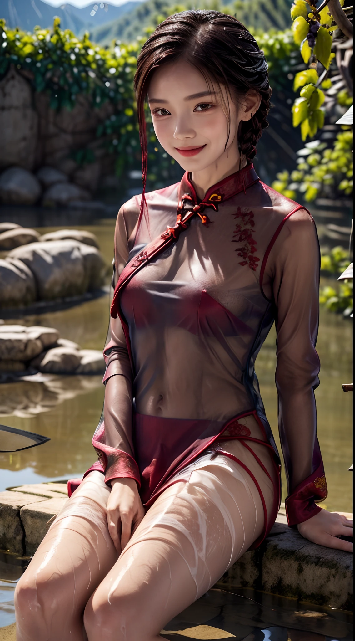 femele,12 years old,japanes,Brown hair,(((Wine Red Cheongsam))),Beautiful short hair,,Hair fastening to bangs,,((()),Natural smile,((())),Braids.(((Clothes are wet and see-through))),sand beach,((())),