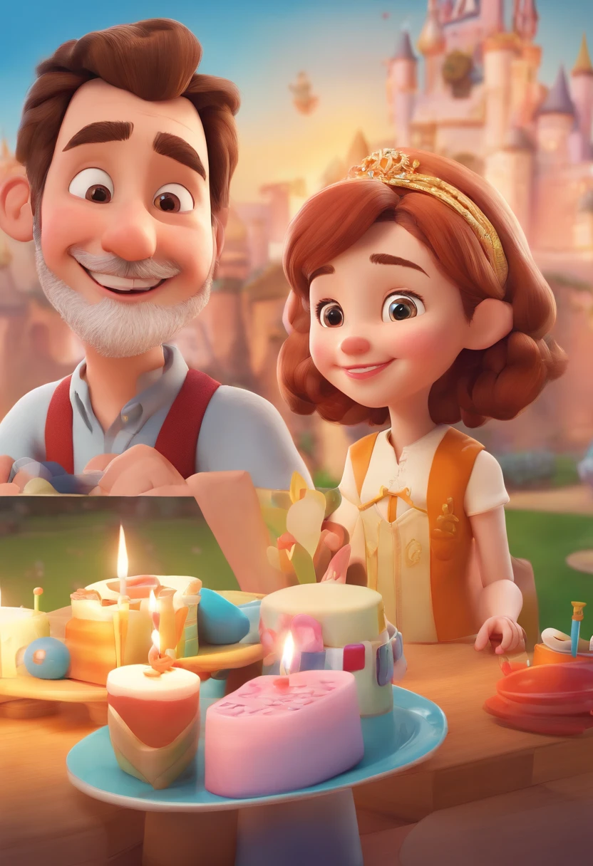 An illustration of an adorable 50-year-old couple, featured a smiling white man and a white woman with beautiful expressive eyes – the man's skin is white and the man's hair is white, while the woman's skin is white and the woman's hair is straight with white streaks. They are a bright room, each with a smile on their face, holding the image of a Saint and sharing a special moment characterized by love, Insights. Illustrate this scene from a perspective where they are facing the camera, smiling and showing their connection. Develop this art in Full HD, Focus on your cinematic touch, Disney Pixar Animations style, 3D Animation Movie Poster, Animated Movie Poster, Pixar 3D Animation Style, Pixar Renderman Rendering, Animated Movie, Disney Pixar 3D Style