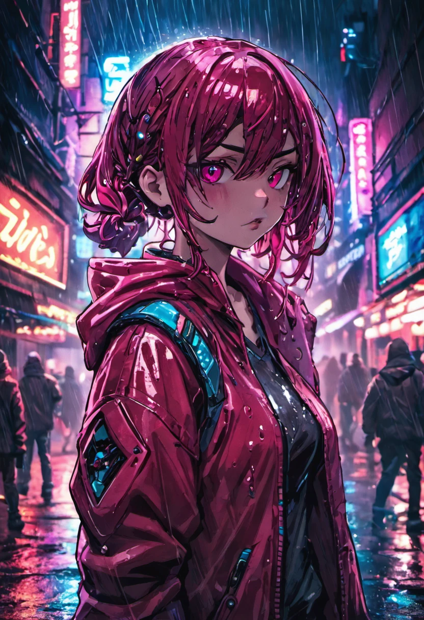 fotografia de close-up, jovem mulher cyberpunk confiante com cabelos loiros e brancos em um coque, usando um capuz com desenhos vermelhos e azuis, on a rain-soaked street at night, fotorrealista, Cinematic lighting