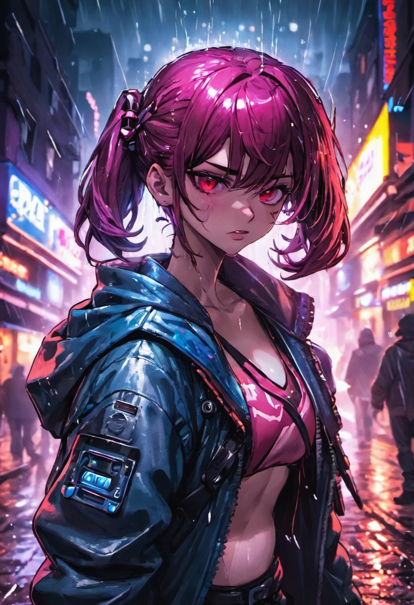 fotografia de close-up, jovem mulher cyberpunk confiante com cabelos loiros e brancos em um coque, usando um capuz com desenhos vermelhos e azuis, on a rain-soaked street at night, fotorrealista, Cinematic lighting