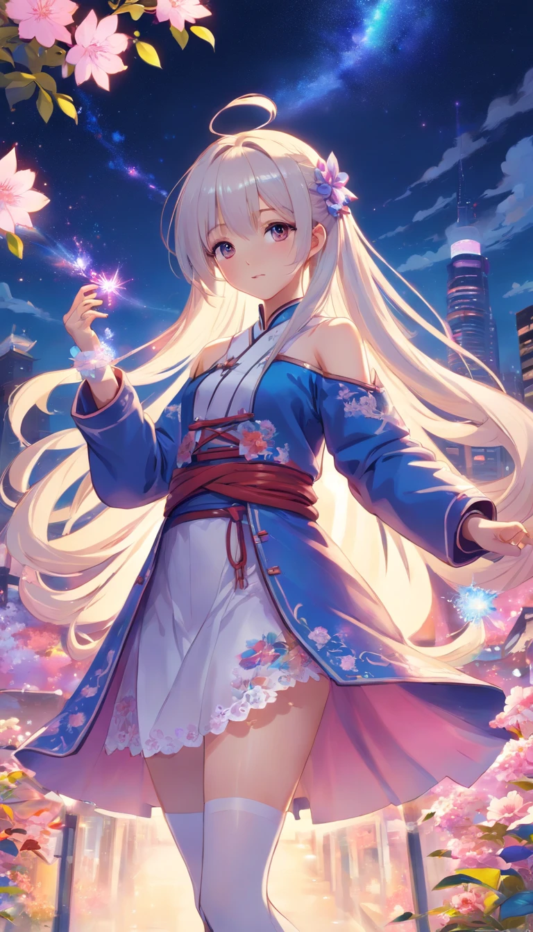 Q version,bit girl,Elaborate Eyes,largeeyes。Dynamic Angle, ((Pose all over the body:1.5), (Colorful:1.2), (Extremely detailed CG Unity 16k wallpaper:1.1), (Noise Removal Strength: 1.45), (tmasterpiece:1.37), ((offcial art)), (Colorful:1.2), (Bare shoulders:0.85), ((terrazzo, Starry sky, (( 8K wallpaper)), Starry background, Ultra detailed, Beautiful and aesthetic, Beautiful, ultraclear, Best quality)), 1girll, (in clouds of smoke:1.1), (Dynamic smoke is everywhere:1.4), (1 Chinese pattern in the middle of the girl's forehead),white colors,double-ponytail,The two sides of the Baotou are round,Double ponytails come out of the round bun,The bangs on the right have braids,There are braids on the right,There is a small handful of long hair on the right side of the long hair,There is an X-clamp,Neck side,A girl with a weak temperament, (epic cinematic), Soft natural light, rim-light, Absurd, Amazing, Funny, 复杂, ultra - detailed, Pink flowers, White, Pink flowers, Full-body image, Shen Lixin, ((Lace-up thigh boots)), full bodyesbian, Blunt bangs, a white long skirt,Printed with purple flowers and a blue veil adorned coat, (( brownfootwear)), White long sleeves, cross-laced footwear, side locks, Pale yellow hat, Red print white pantyhose, Yellow and blue flowers, Ayaka Kamisato , (Besis heroin), Slim, Ul, pastelcolor, god light, Sparkle, Glowing light, ((Masterpiece)), ((Best quality)), Masterpiece, Best quality, hyper HD, Award-Awarded,Long white hair