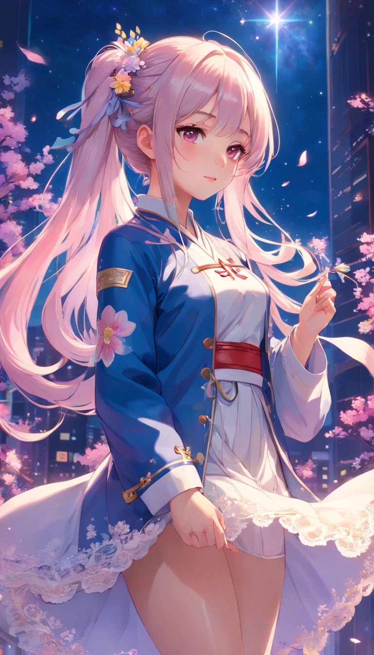 Q version,bit girl,Elaborate Eyes,largeeyes。Dynamic Angle, ((Pose all over the body:1.5), (Colorful:1.2), (Extremely detailed CG Unity 16k wallpaper:1.1), (Noise Removal Strength: 1.45), (tmasterpiece:1.37), ((offcial art)), (Colorful:1.2), (Bare shoulders:0.85), ((terrazzo, Starry sky, (( 8K wallpaper)), Starry background, Ultra detailed, Beautiful and aesthetic, Beautiful, ultraclear, Best quality)), 1girll, (in clouds of smoke:1.1), (Dynamic smoke is everywhere:1.4), (1 Chinese pattern in the middle of the girl's forehead),white colors,double-ponytail,The two sides of the Baotou are round,Double ponytails come out of the round bun,The bangs on the right have braids,There are braids on the right,There is a small handful of long hair on the right side of the long hair,There is an X-clamp,Neck side,A girl with a weak temperament, (epic cinematic), Soft natural light, rim-light, Absurd, Amazing, Funny, 复杂, ultra - detailed, Pink flowers, White, Pink flowers, Full-body image, Shen Lixin, ((Lace-up thigh boots)), full bodyesbian, Blunt bangs, a white long skirt,Printed with purple flowers and a blue veil adorned coat, (( brownfootwear)), White long sleeves, cross-laced footwear, side locks, Pale yellow hat, Red print white pantyhose, Yellow and blue flowers, Ayaka Kamisato , (Besis heroin), Slim, Ul, pastelcolor, god light, Sparkle, Glowing light, ((Masterpiece)), ((Best quality)), Masterpiece, Best quality, hyper HD, Award-Awarded,Long white hair