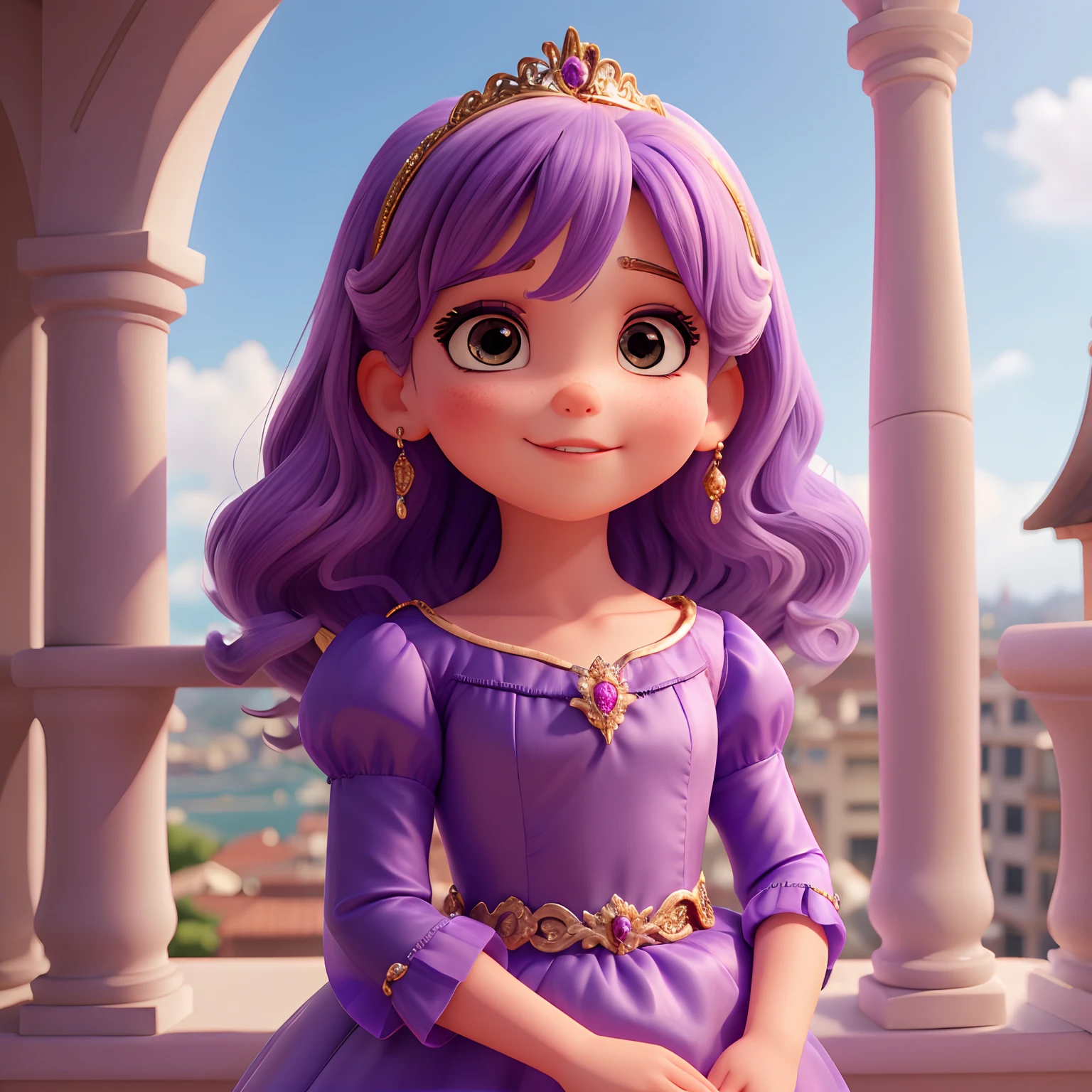 de 6 anos com cara de princesa, cabelos pretos, pela claro, rosto delicado e bonito, dressed in a beautiful purple princess dress with shiny details and is on a balcony
