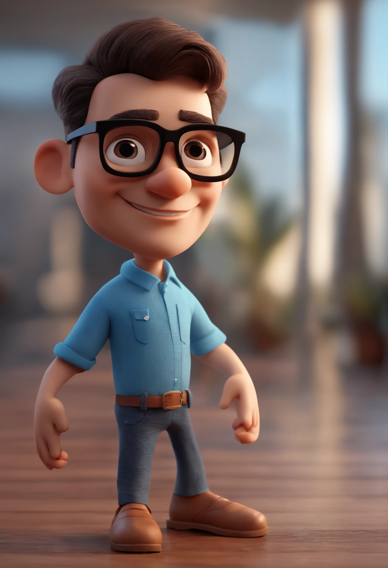 Cartoon character of a man with black glasses and a blue shirt, animation character, Caractere estilizado, animation style rendering, 3D estilizado, Arnold Maya render, 3 d render stylized, toon render keyshot, Personagem 3D, Personagem 3D, 3d rendering stylized, 3 d character render, personagem de desenho animado, Personagem de close up, Pose de personagem, (Estilo Pixar) (master part:1.2) (Bokeh) (best quality) (pele detalhada) (textura detalhada) (8k) (argila) (Cinematic lighting) (foco nítido