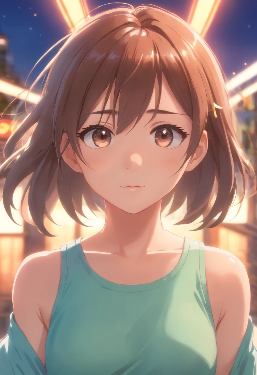 tmasterpiece，Need，illustration，full bodyesbian, swimsuit，1girl，adolable，（Dinamic Light：1.2），cinematric light，Delicate facial features，詳細な目，Sharp pupils，realistic pupil，depth of fields，Background bokeh，sharp fokus，（ultra - detailed，Halo，with light glowing：1.4）
