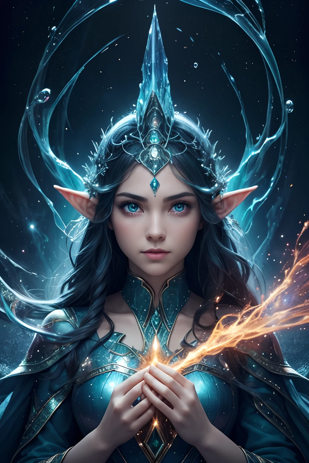 The Wizard of Water, Huge expressive eyes, surrealism,consists of fractals, Magic Elf,  firey,Blue & Green, Burning eyes, Lineament, hyper-detailing , Mysticism,Fantasy, mythology,sparkles, glistering,Professional photo, is beautiful, symmetry, 5d, Realistic,1024 K., hight resolution, Focus on the face, Full-height detail,..CGI, hyper realisitc, f/16, 1/100s, 4k, Aesthetically pleasing, f/2.8, 1/The 250s, 30mm lens, ISO 100...