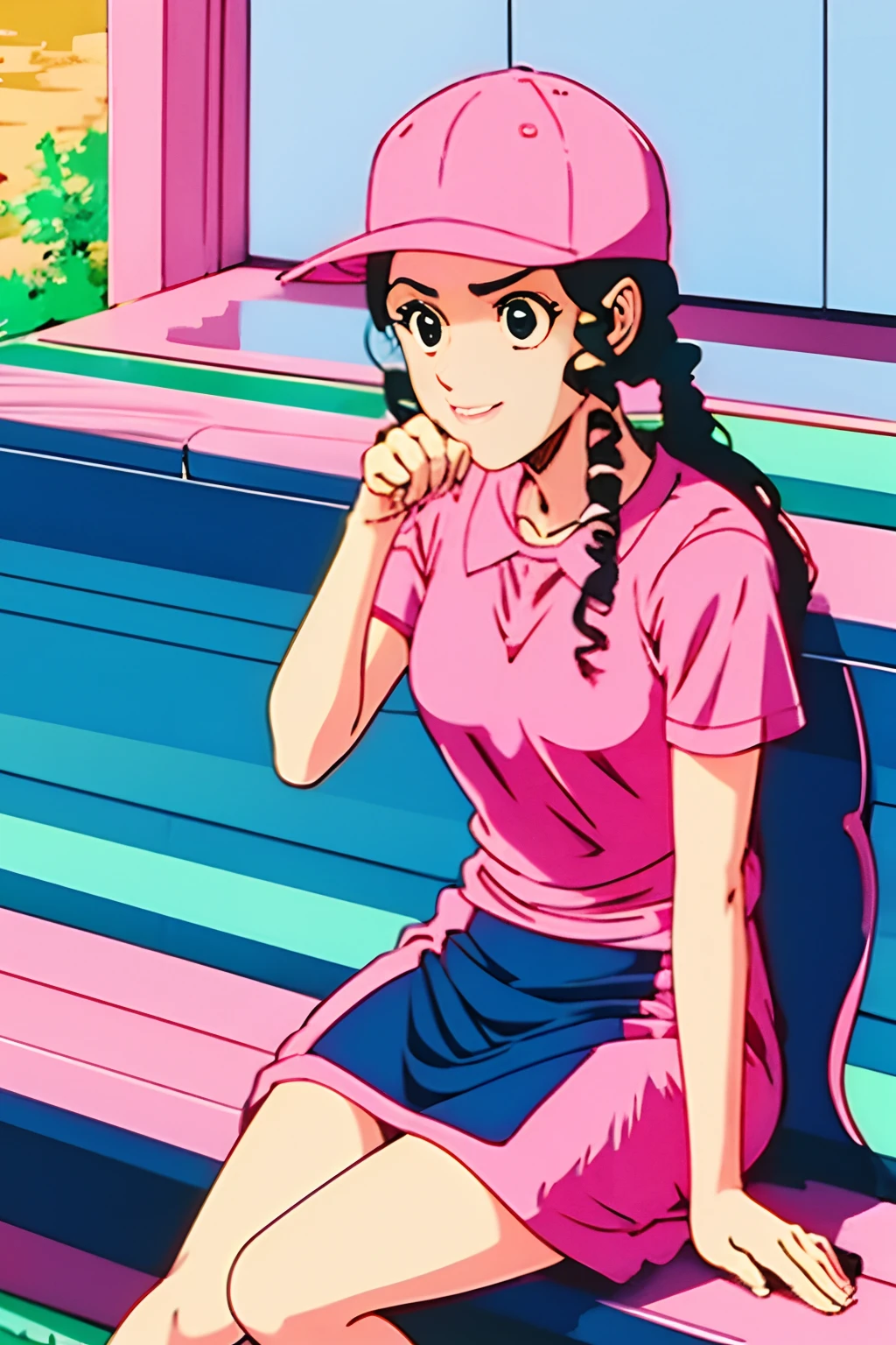 a woman, pink dress, a cap, sitting on Bence , 90 anime style