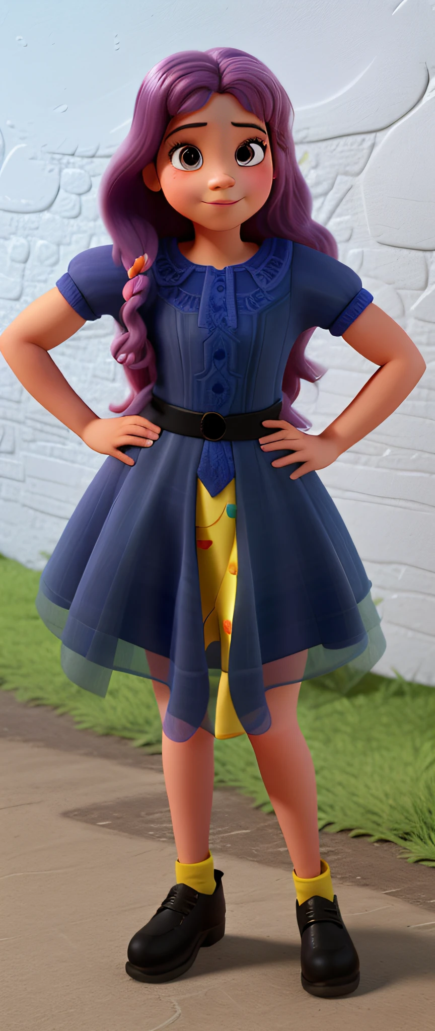 Uma menina de sete anos estilo disney pixar, alta qualidade, melhor qualidade, com cabelos rosas e vestido rosa