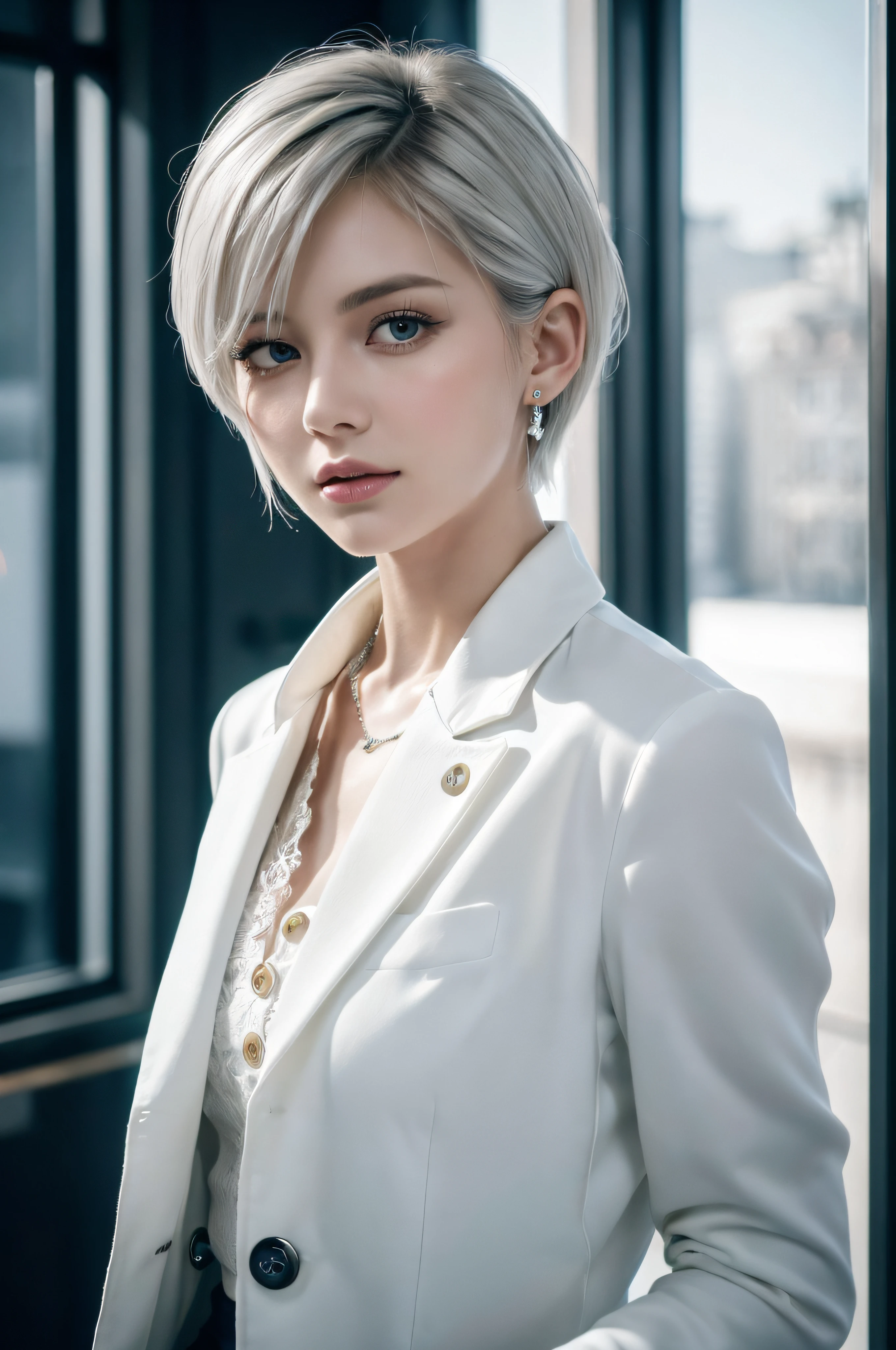 (((extremely fine and beautiful, perfect detail, Ultra Detail))), Whole body, The most detailed girls, depthoffield, Cool pose, beautiful detailed fullbody, neat figure, 1 rapariga, 30 years old, Very short hair, spiked hair, White and silver hair, beautiful detailed hair, Perfect face, deadpan, beautiful detailed deep eyes, Slightly open mouth, Delicate arm and hands, flat chest, pale skin, Piercing, Beautifully gorgeous necklace, Bustling street,Milan cityscape, HD Backgrounds, Blurry background, extremely delicate and beautiful, Best Masterpiece, (((best qualtiy, very fine 8KCG wallpaper))),(((Posing like a model))),(((Trendy hairstyles,Trendy fashion,Check jacket,white shirt,With collar,long-sleeve,open buttons,full throttle))),(inside in room,Stylish interior,window),
