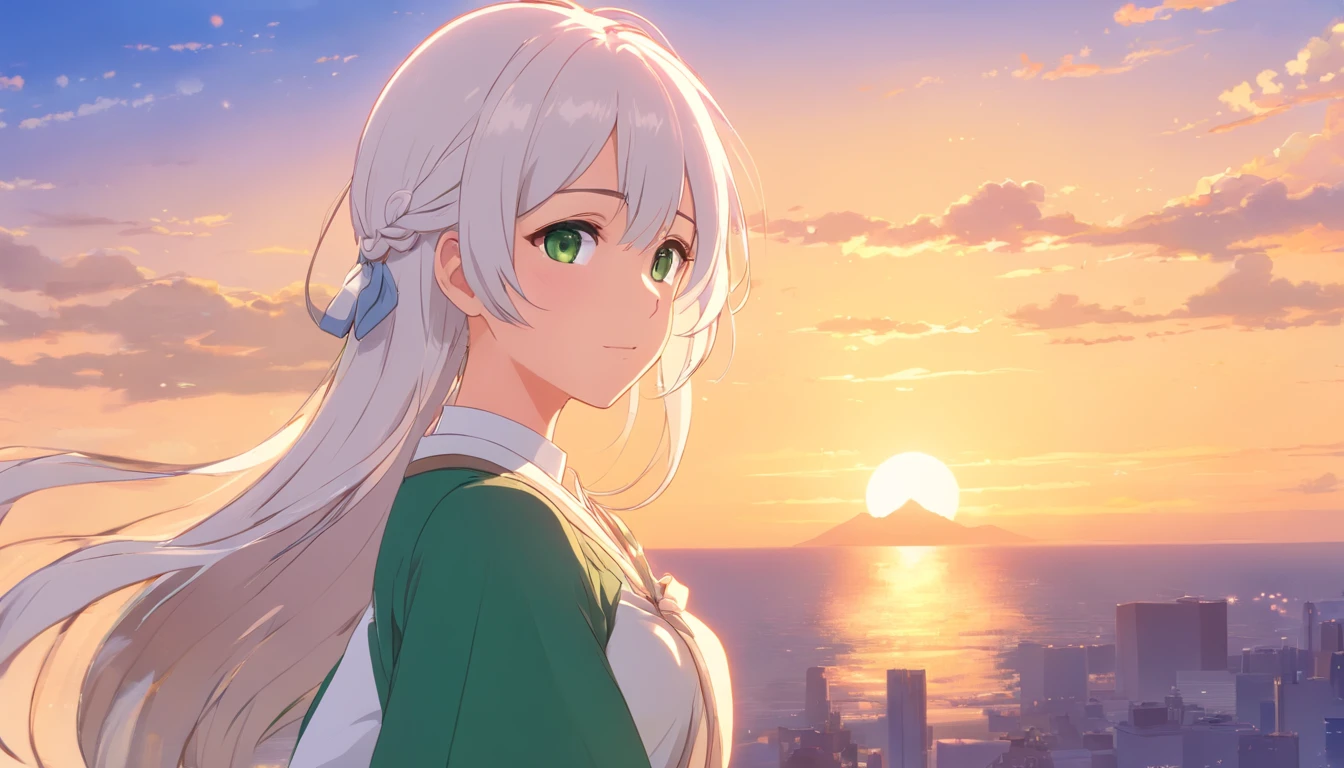 High quality, beautiful girl with white hair and green eyes, wearing modest Victorian dress, best shade, best lighting, best angle, very detailed, sunset in the background
