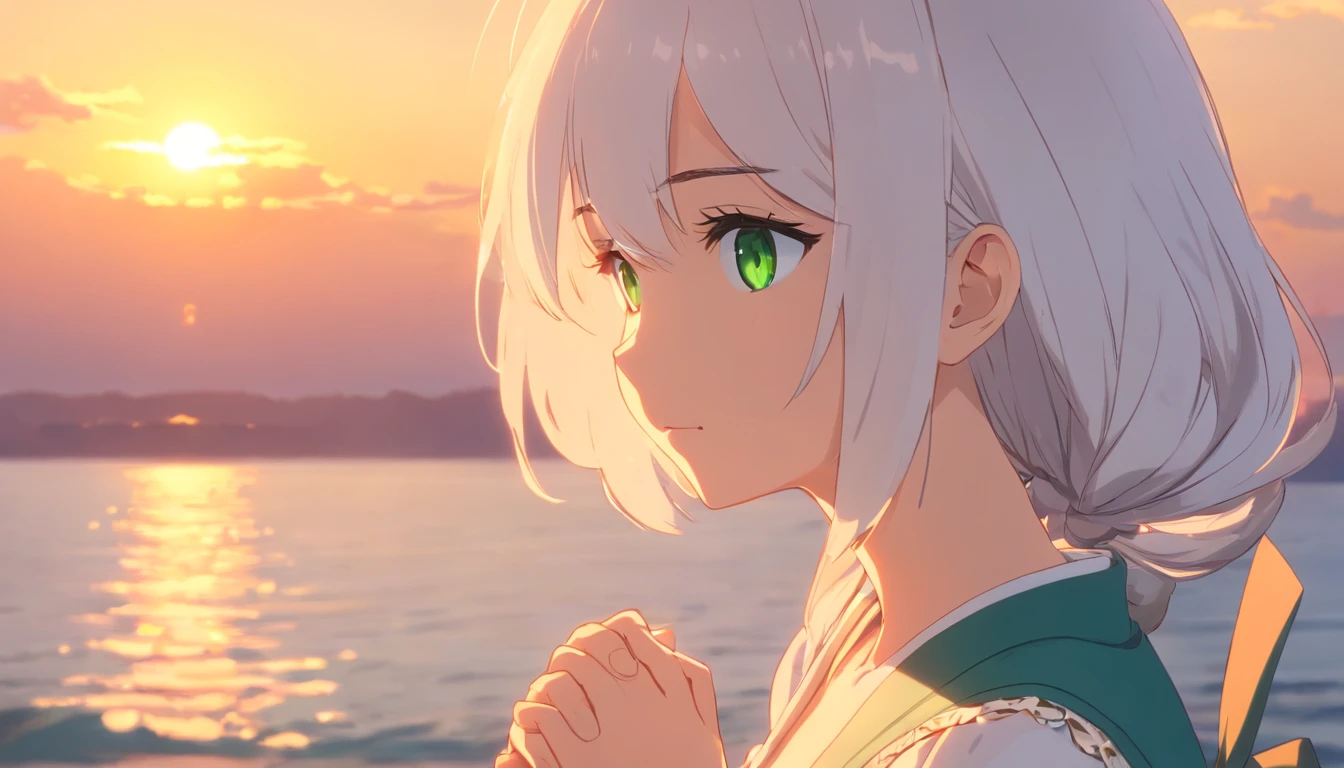 High quality, beautiful girl with white hair and green eyes, wearing modest Victorian dress, best shade, best lighting, best angle, very detailed, sunset in the background
