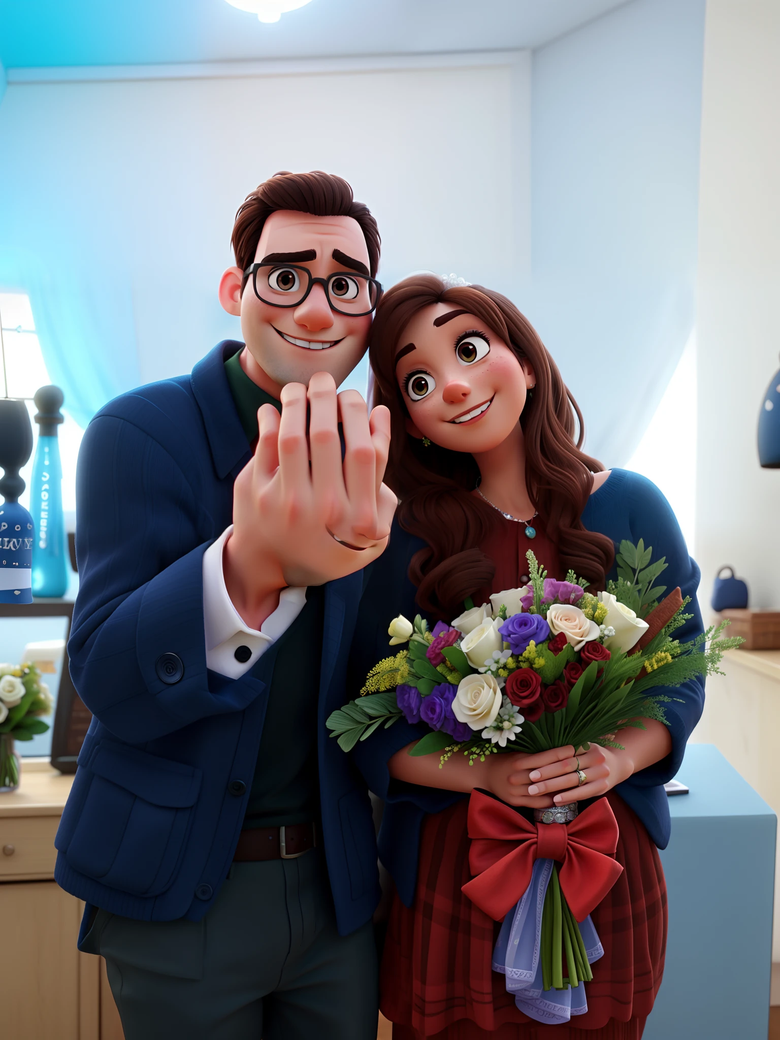 Couple with brown eyes holding pixar style wedding ring