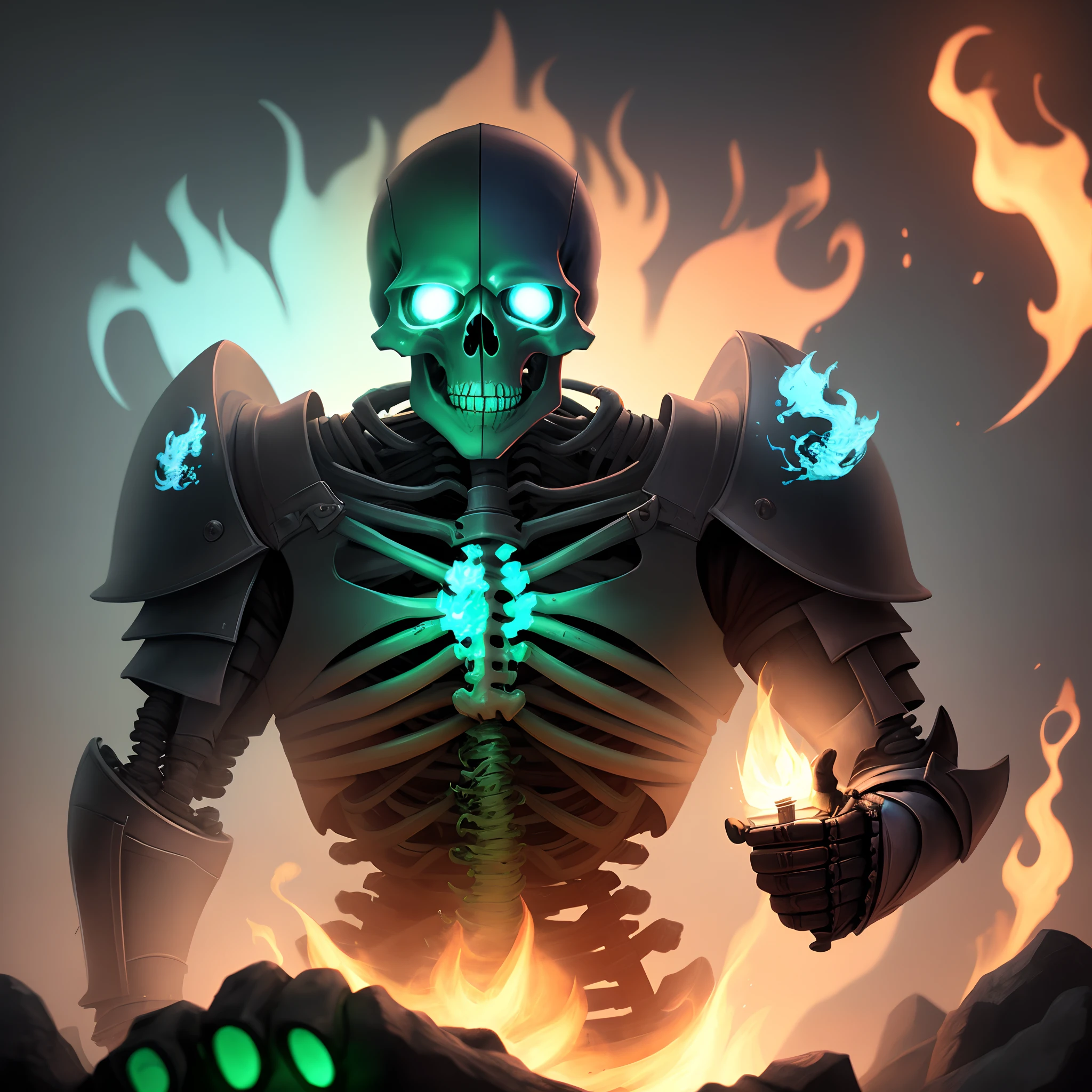 Black-boned skeleton knight with Green-blue flames in his hand and green blue Pilot light flames in his eye sockets