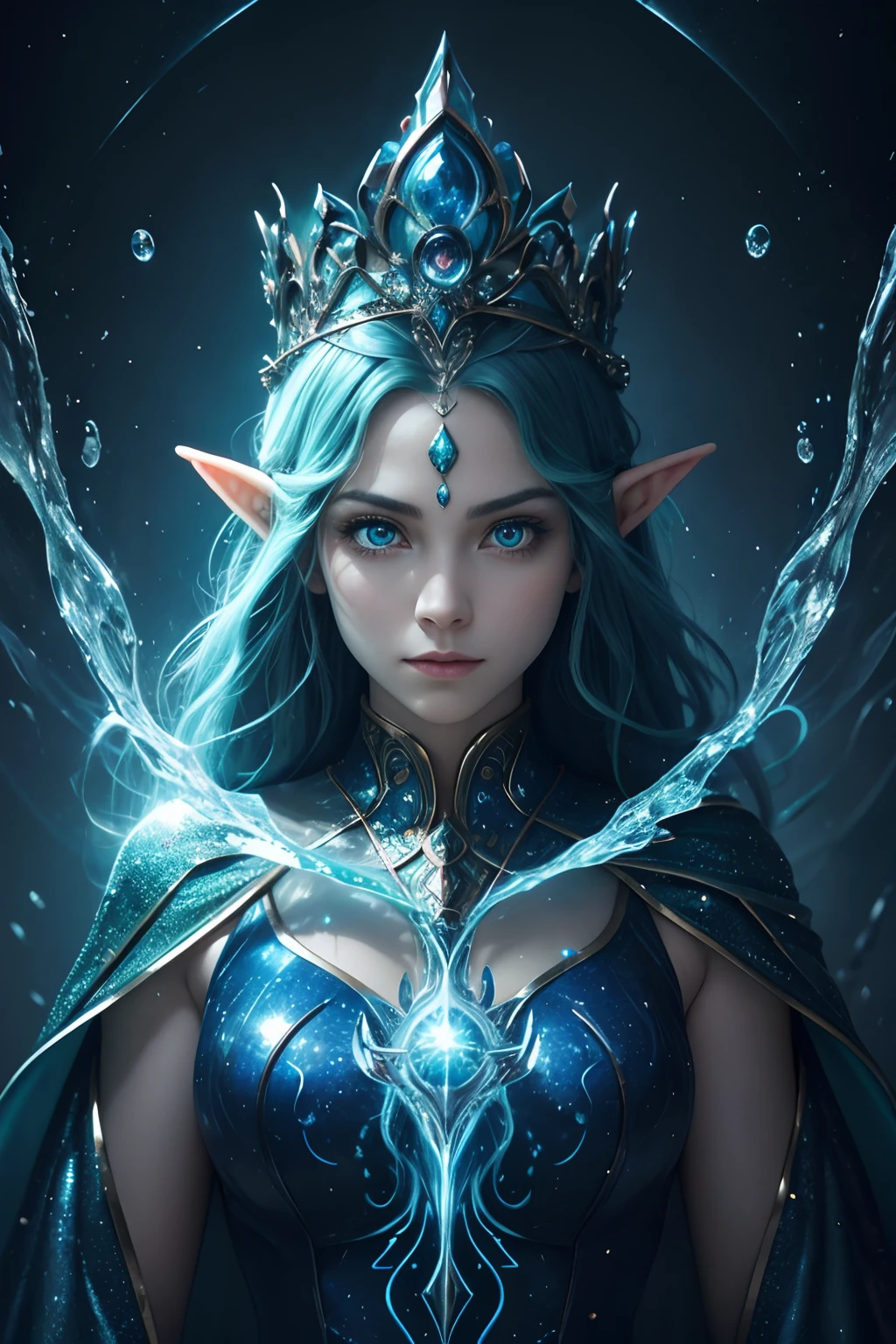 The Wizard of Water, Huge expressive eyes, surrealism,consists of fractals, Magic Elf,  firey,Blue & Green, Burning eyes, Lineament, hyper-detailing , Mysticism,Fantasy, mythology,sparkles, glistering,Professional photo, is beautiful, symmetry, 5d, Realistic,1024 K., hight resolution, Focus on the face, Full-height detail,..CGI, hyper realisitc, f/16, 1/100s, 4k, Aesthetically pleasing, f/2.8, 1/The 250s, 30mm lens, ISO 100...