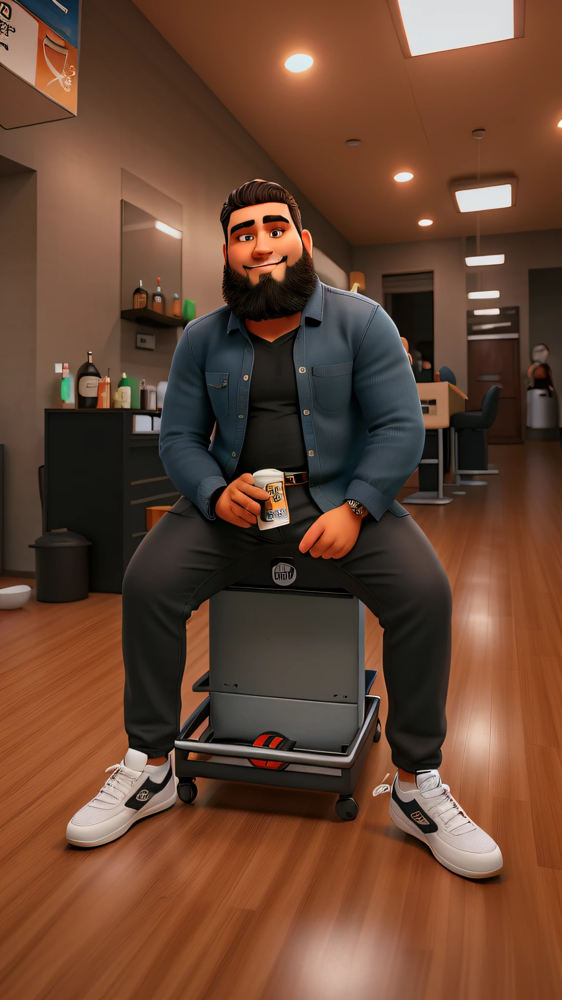 UM HOMEM BRANCO, cabelo preto moicano, gordo, holding a can in HAND, sentado EM UMA CADEIRA DE BARBEIRO COM FUNDO DE UMA BARBEARIA