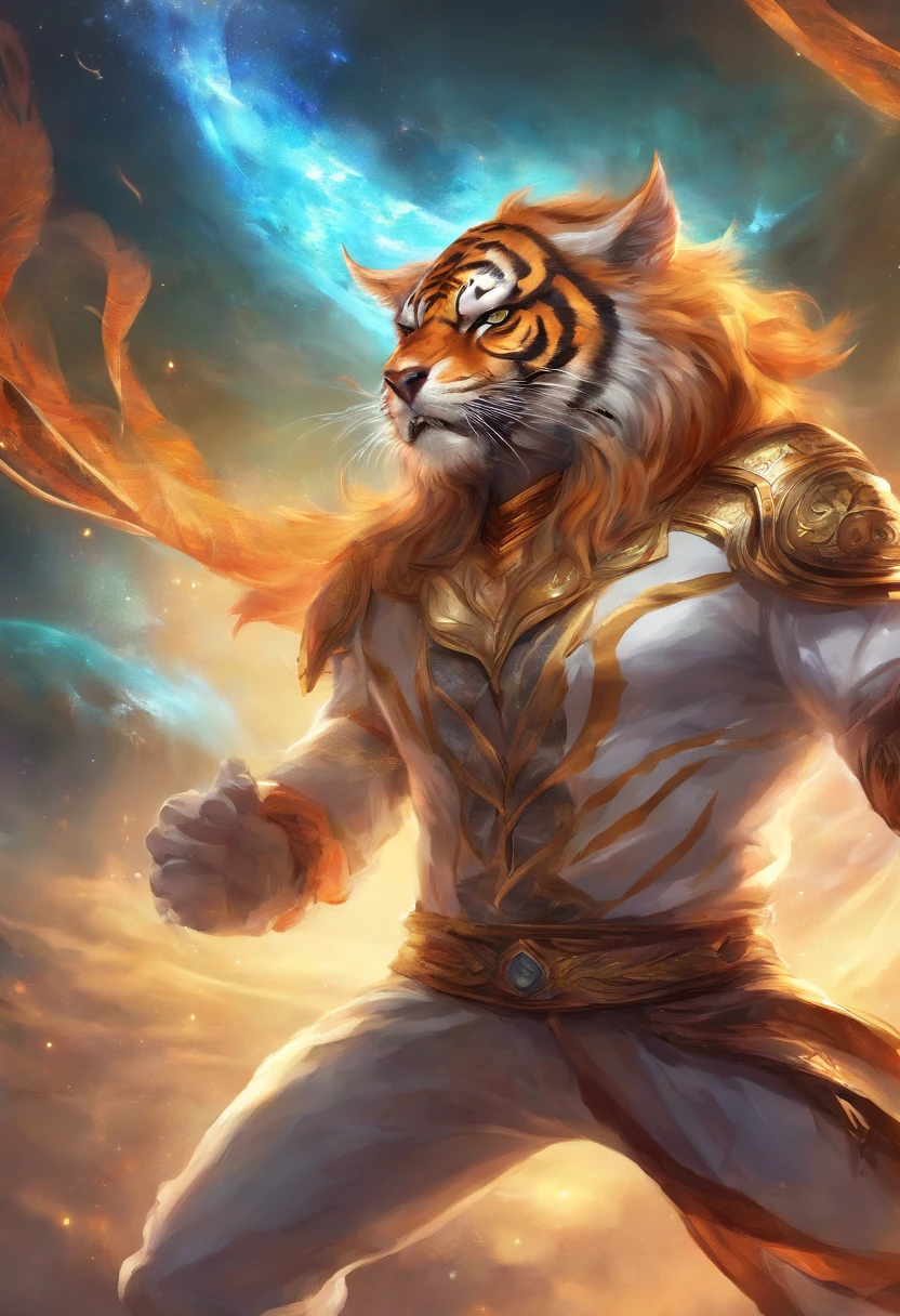tiger in teken gamer style, ultra detailed, in a boxing ring, wearing a masquet-themed blouse, full body, pants ripped at the knees.