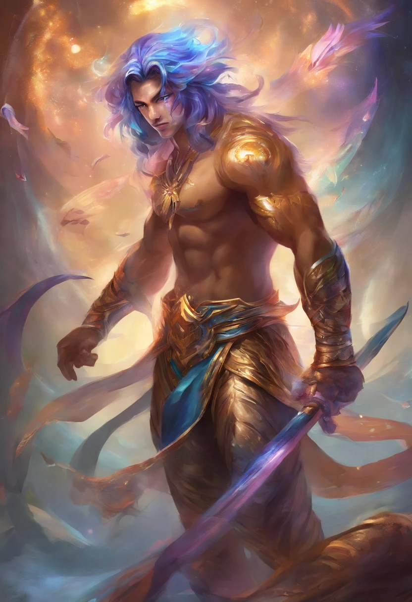 A man with long, flowing blue hair adorned with flowers and horns, slightly less muscular, wearing intricate blue and gold armor. He walks through the ruins of an ancient city, arms raised high, holding a sword that gleams with magical energy. His expression is one of resolve and majesty, surrounded by crumbling columns and faded frescoes, capturing a moment of triumph and mystical power