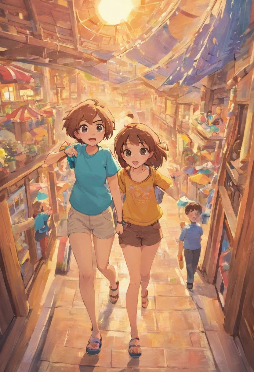Cartoon of friends having fun on vacation together, 3D Animation Movie Poster, Poster de filme animado, pixar 3 d animation style, pixar renderman rendering, maia 8 mil, animated film, Disney Pixar Estilo 3D, amigos felizes saem juntos, all wearing light blue shirts and cream brown long pants, camisa azul clara, cream brown pants, ao ar livre, vacation, Disney Pixar Animation Poster