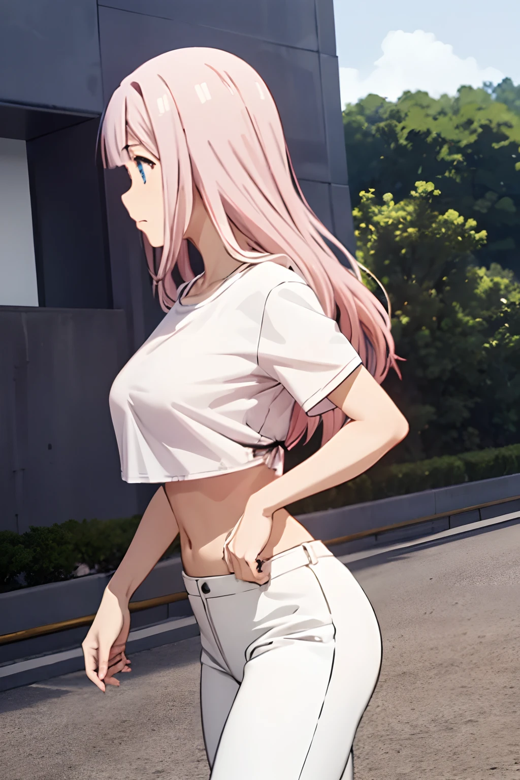 realisticlying、*** 1 人、Pink hair、length hair、Small black ribbon、radiant eyes、(Colossal tits), White T-shirt, croptop, leather pant、shoot from the side, Open your crotch wide, Hands on the buttocks