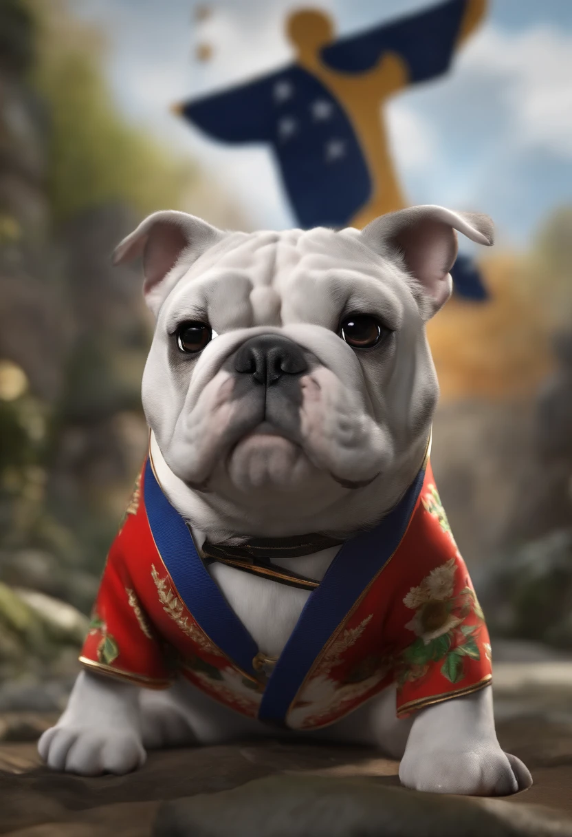 The 3d artwork  8k of cute bulldog American do ,wearing detailed details back kimono with Black Belt  and Brazil flag on the t-shirt full of vitality,
Background of the image Black with thunders
study 3d game art, fisheye 
lens,C4D,blender,octane rendering,