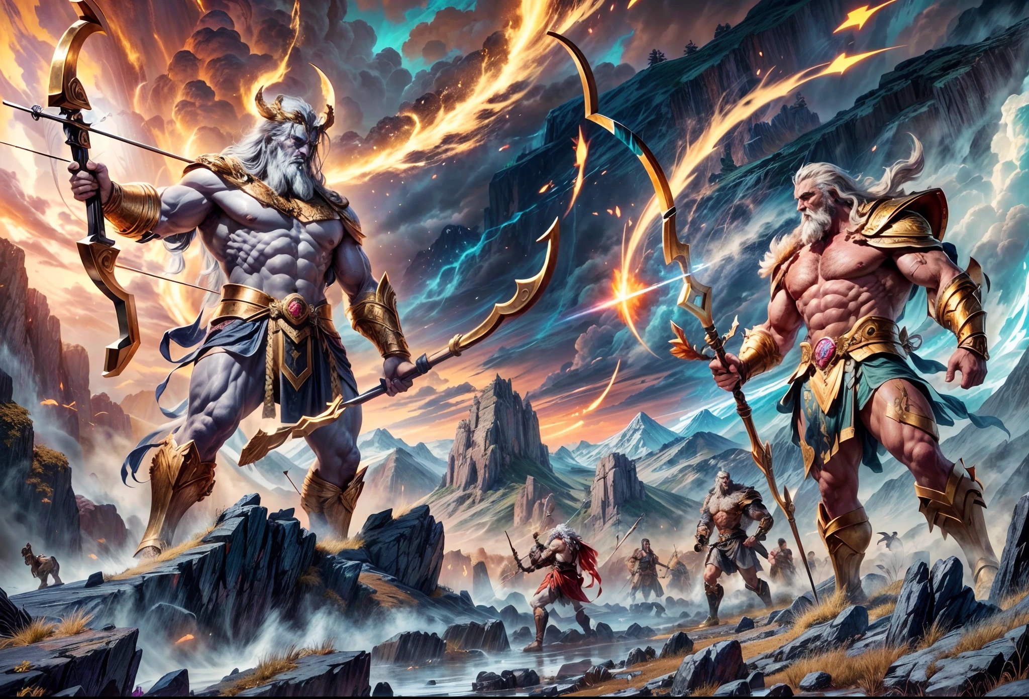 Battle of the Gods, The world was destroyed, Zeus and Hades are at war，(A giant Titan holds a bow，Get ready to shoot golden arrows，At the feet stood creeps)，greek myth digital painting, Epic scenes of Ragnarok，(1.4x realism，8K, hyper HD, Masterpiece, ccurate, Textured skin, High details, Best quality, Award-Awarded，Long-range shooting，Sense of distance，From the side Side, Anatomically correct, Textured skin, Super detail)