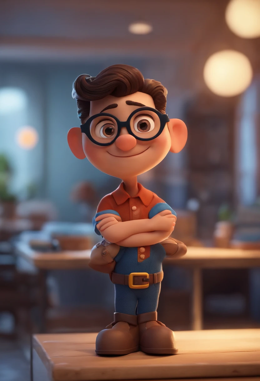 Cartoon character of a man wearing black glasses and a blue shirt, um personagem animado, Caractere estilizado, animation style rendering, 3D estilizado, Arnold Maya render, 3 d render stylized, toon render keyshot, Personagem 3D, Personagem 3D, 3d rendering stylized, 3 d character render, personagem de desenho animado, Personagem de close up, Pose de personagem, (Estilo Pixar) (master part:1.2) (Bokeh) (best quality) (pele detalhada) (textura detalhada) (8k) (argila) (Cinematic lighting) (foco nítido,Senta e vaza a parte superior do corpo