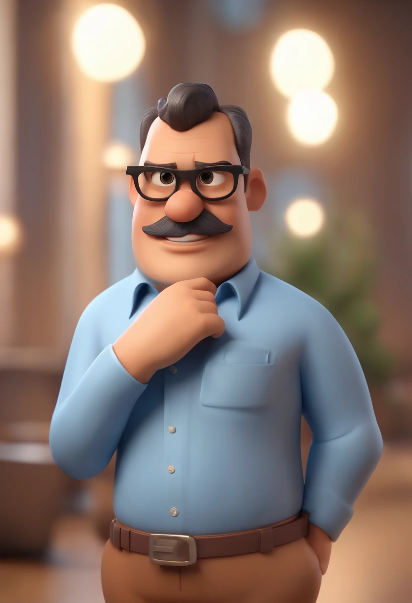 Cartoon character of a man wearing black glasses and a blue shirt, um personagem animado, Caractere estilizado, animation style rendering, 3D estilizado, Arnold Maya render, 3 d render stylized, toon render keyshot, Personagem 3D, Personagem 3D, 3d rendering stylized, 3 d character render, personagem de desenho animado, Personagem de close up, Pose de personagem, (Estilo Pixar) (master part:1.2) (Bokeh) (best quality) (pele detalhada) (textura detalhada) (8k) (argila) (Cinematic lighting) (foco nítido,Senta e vaza a parte superior do corpo