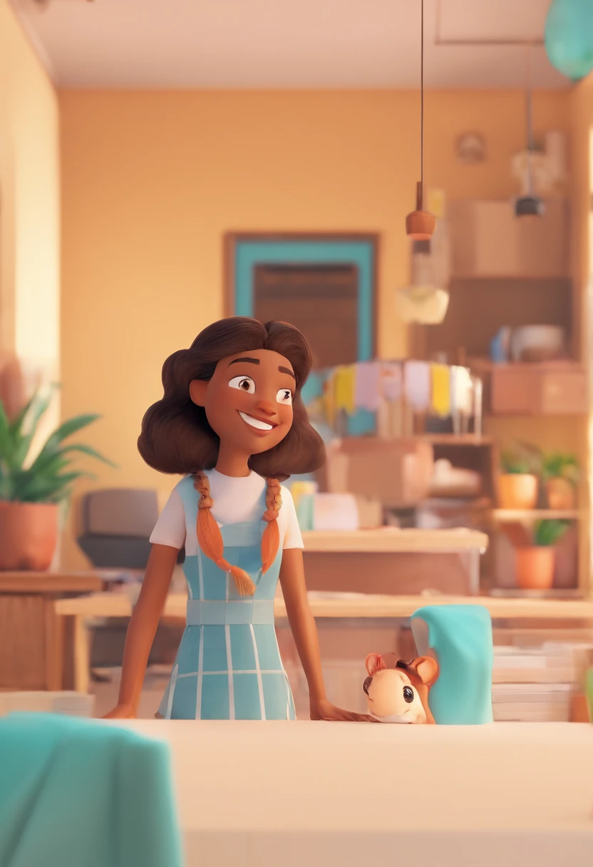 An illustration of an adorable couple, destacando um homem e uma mulher com bonito, Expressive eyes – the man's skin is fair and the man's hair is bald and black, while the woman's skin is fair and the woman's hair is wavy long and dark brown. They are a bright room, cada um com um sorriso no rosto, e compartilhar um momento especial caracterizado pelo amor, arroz, e insights educacionais. Illustrate this scene from a perspective where they are facing away from the camera, Showing Your Connection. Desenvolva esta arte em Full HD, Focus on your cinematic touch, Estilo Disney Pixar Animations