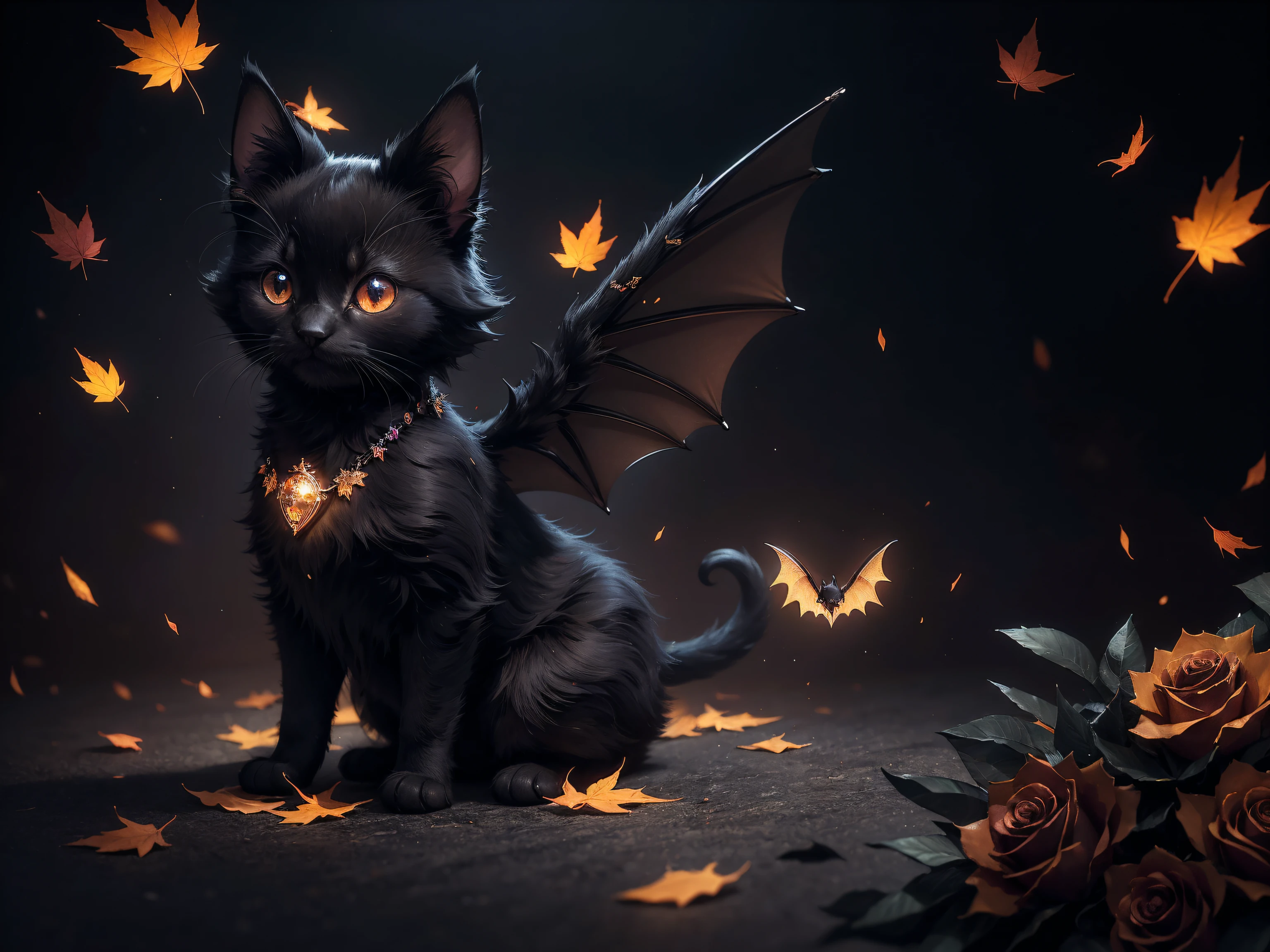 (Absurdres:1.2), exquisitely detailed chibi black kitten with 2 black bat wings, ethereal, fall, maple leaves, glitter orange roses, dark glimmer, dapper mouse, Shimmer, approaching perfection, ultra-high quality, bokeh, shadows, dynamic angle, Luminous Studio graphics engine, bioluminescent lighting, volumetric lighting, 8k resolution, illustration