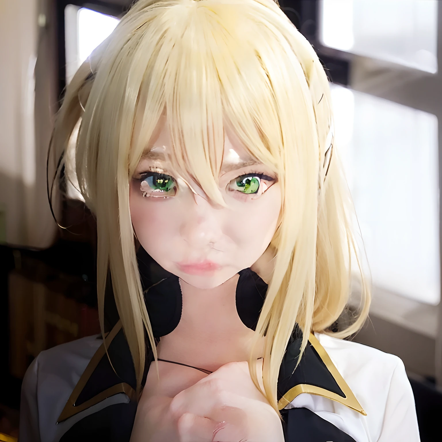 1gril,dressed in sexy white, black and gold, yellow hair, green eyes,realistic