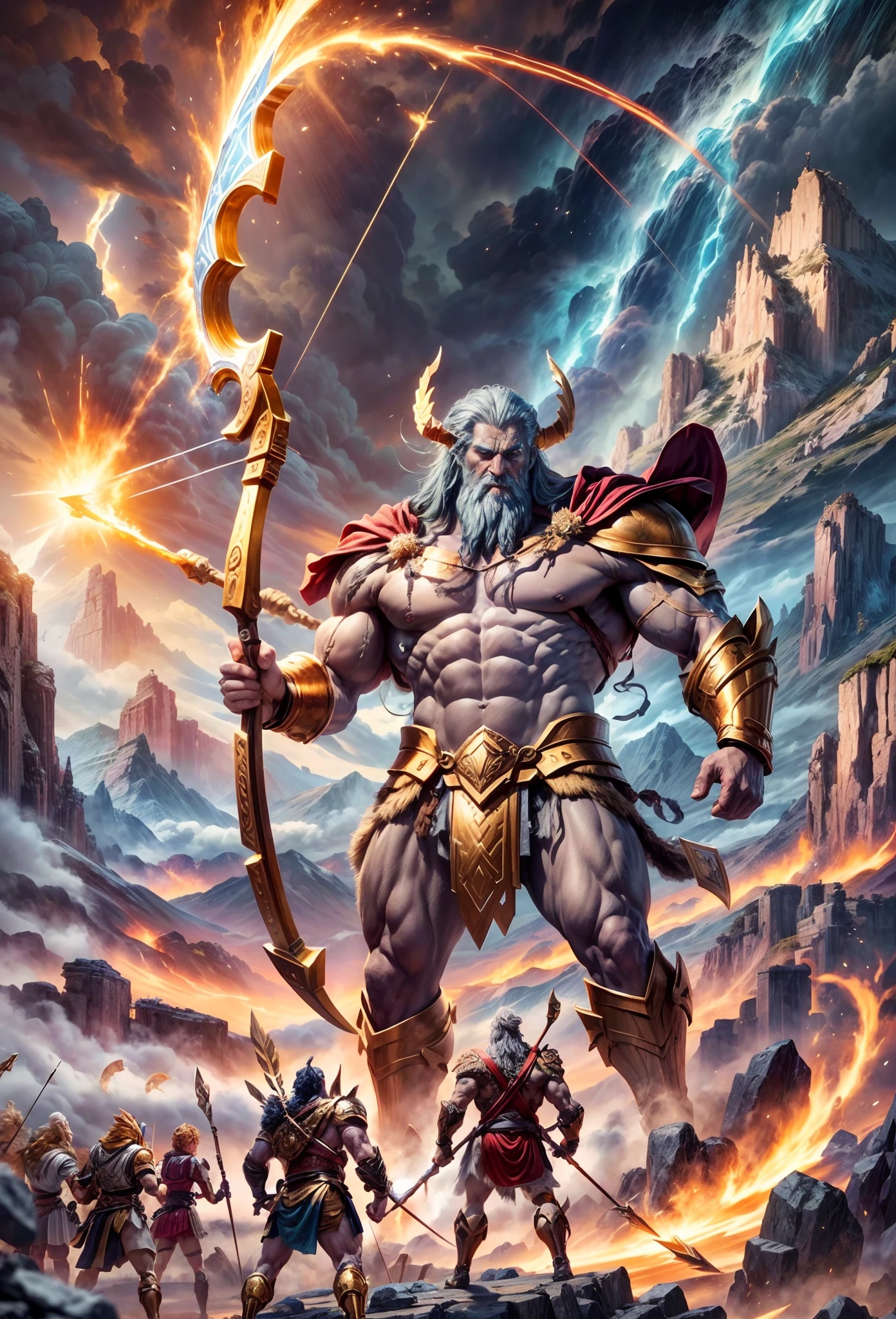 Battle of the Gods, The world was destroyed, Zeus and Hades are at war，(A giant Titan holds a bow，Get ready to shoot golden arrows，At the feet stood small soldiers)，greek myth digital painting, Epic scenes of Ragnarok，(1.4x realism，8K, hyper HD, Masterpiece, ccurate, Textured skin, High details, Best quality, Award-Awarded，Long-range shooting，Sense of distance，From the side Side, Anatomically correct, Textured skin, Super detail)